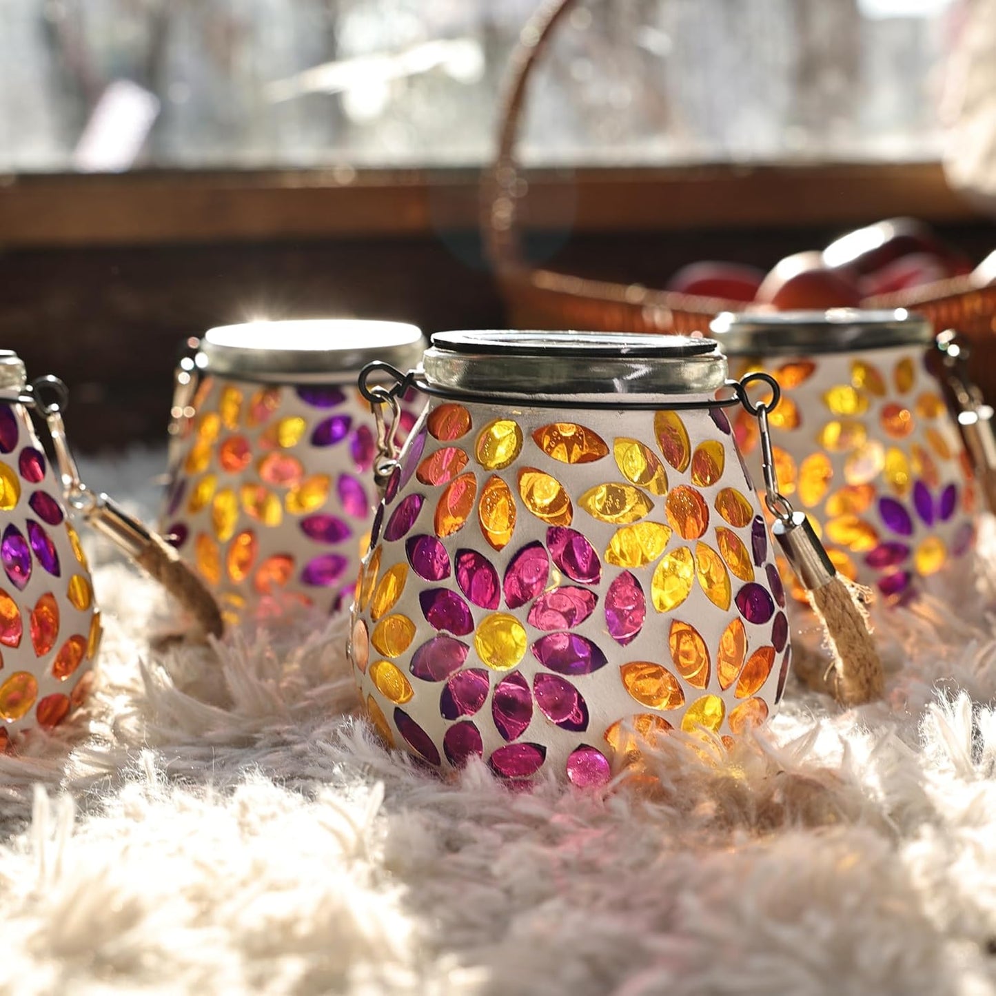 Cooo 2 Pack Mosaic Solar Lantern Outdoor Waterproof IP68 Hanging Projection Light Hidden Lid Pear-Shaped Lantern with Rope Handle Solar Powered Auto On for Patio Garden Fence Table -Petal Mirage