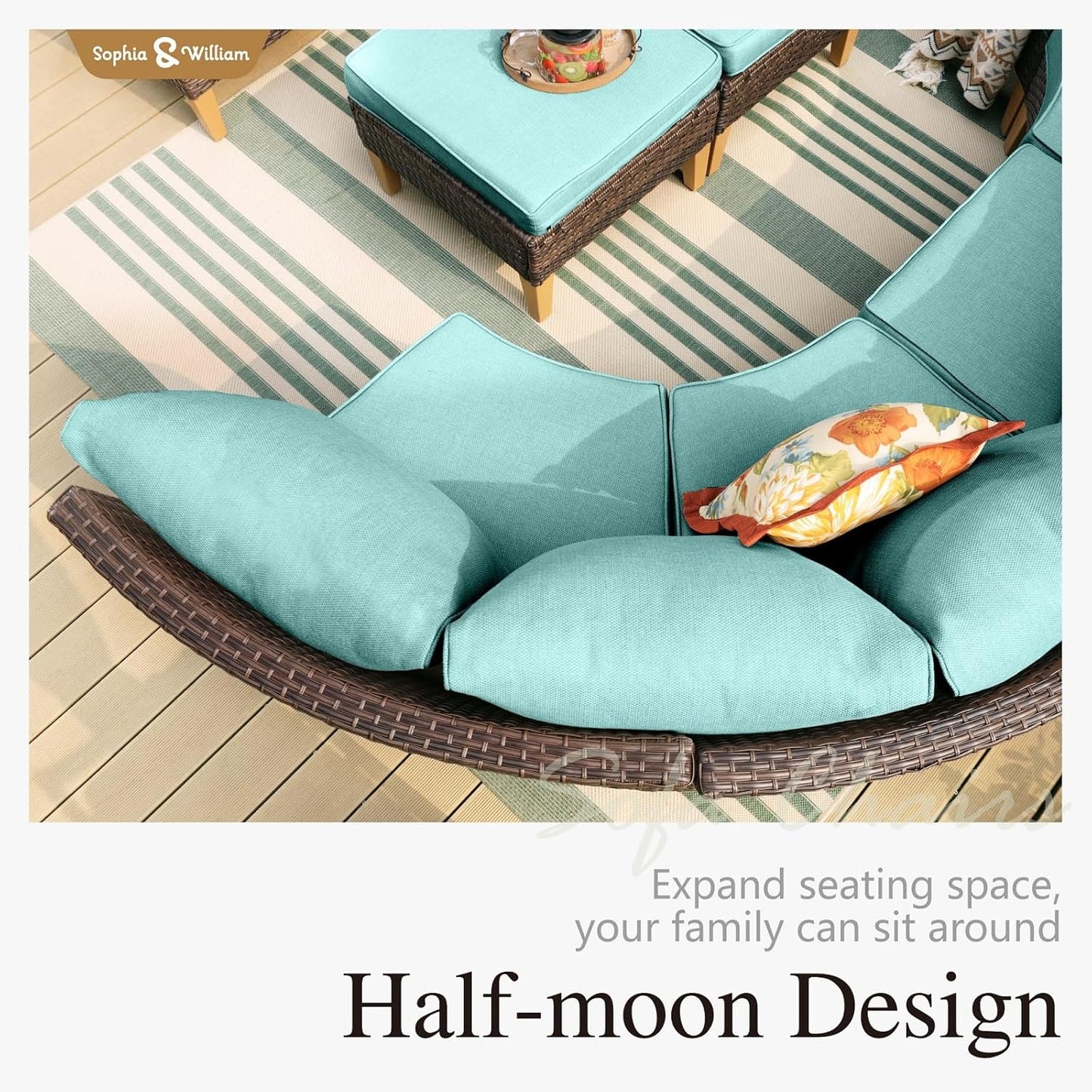 Sophia & William Outdoor Wicker Sectional Sofa Set, 7 Piece Half Moon Curved Patio Furniture Modern Round Outdoor Couch Conversation Set with Ottoman for Backyard, Pool, Garden(Aqua Blue)