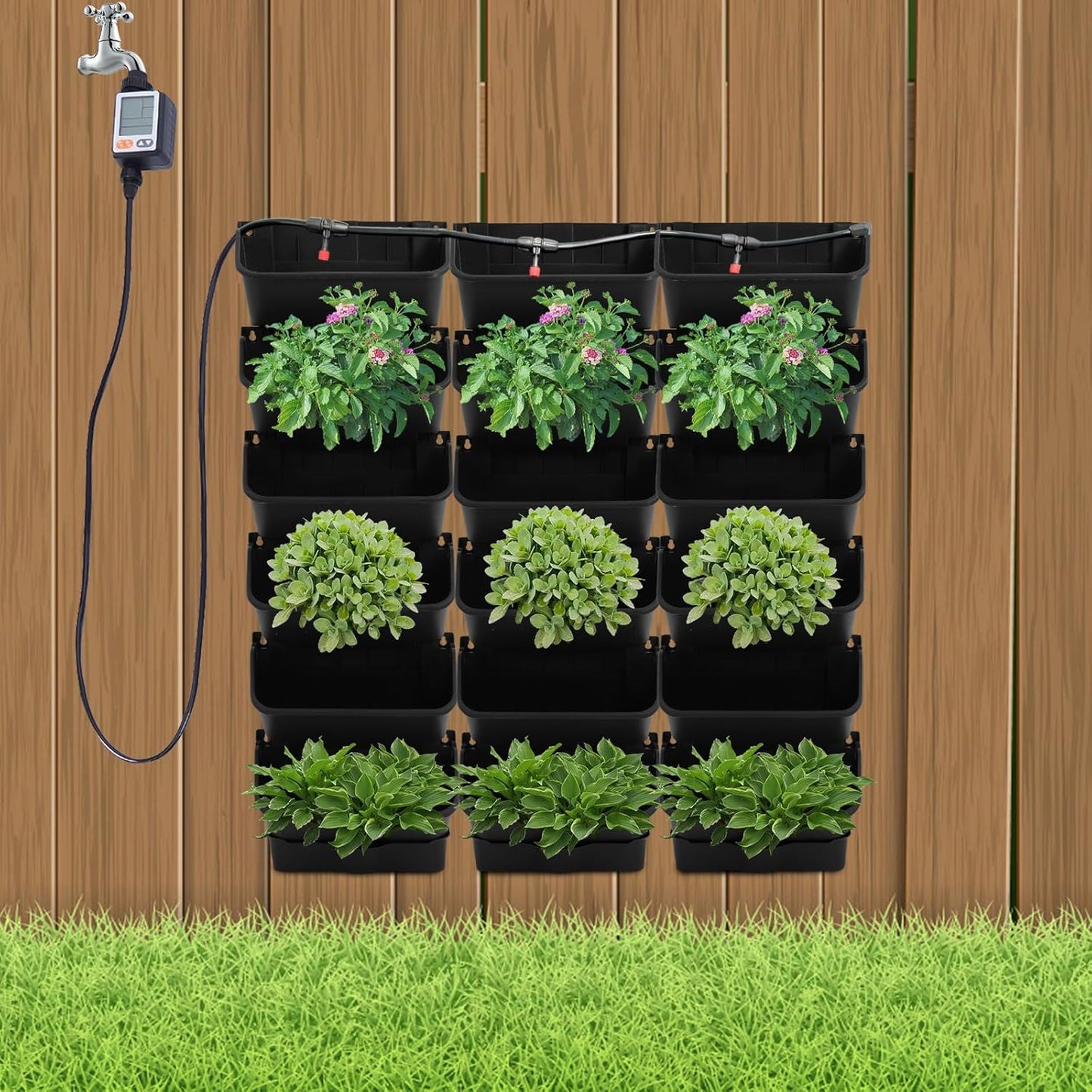 Self Watering Wall Planter with 18 Pots, Wall Planters for Indoor Plants, Vertical Garden Planter, Wall Mounted Plastic Plant Grow Pots for Fruits Vegetables Flowers Herbs (Black)