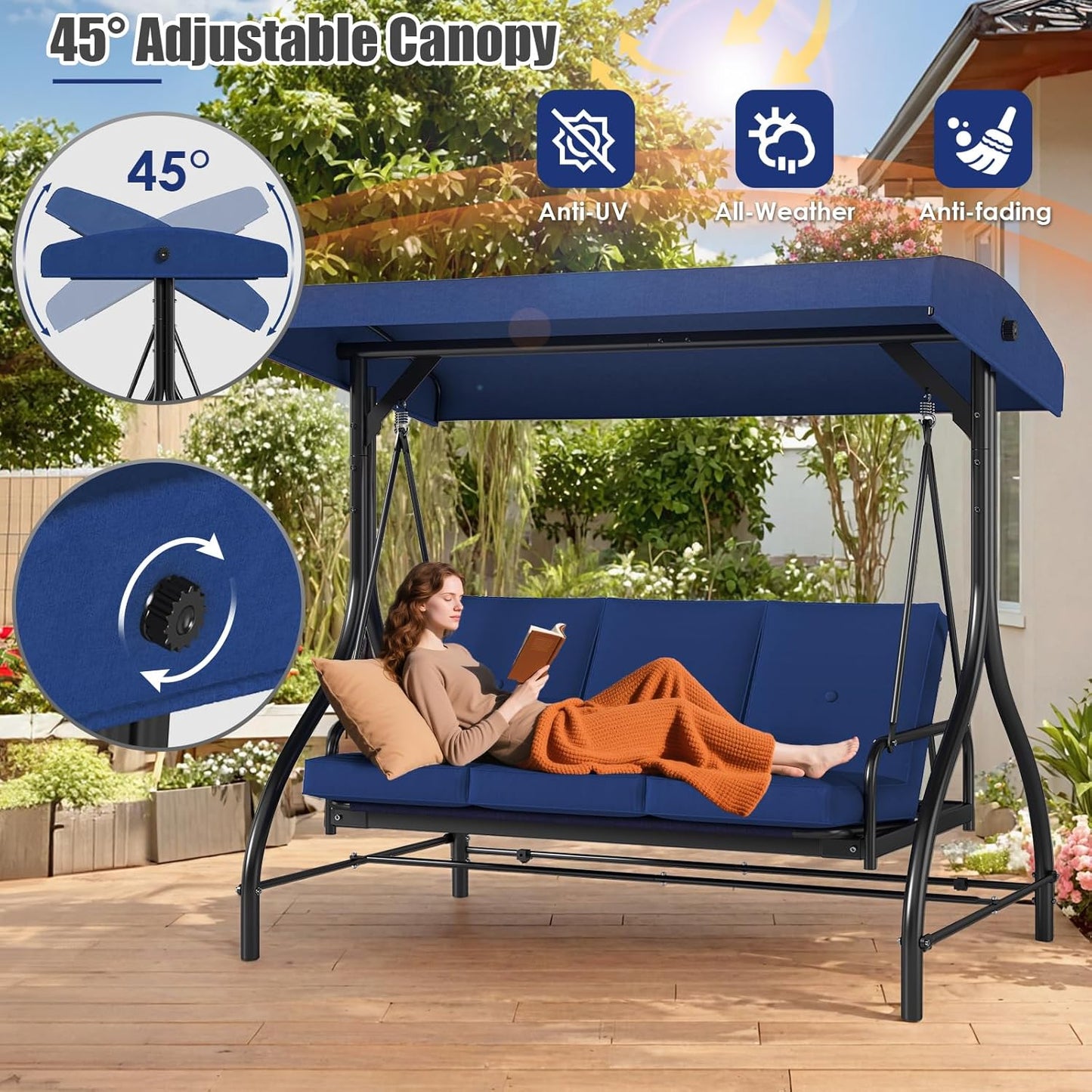 MAMIZO 3-Seat Patio Swing with Adjustable Canopy & Backrest, Outdoor Porch Swing Chair for Adults, Outside Porch Converting Bed Thickened Removable Cushions, 2mm Steel Pipe, for Garden, 750LBS