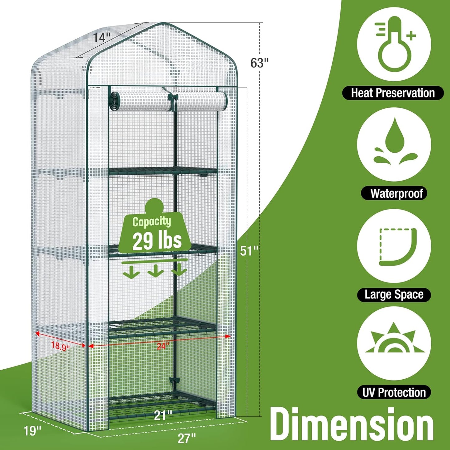 WORKPRO Mini Greenhouse, 4-Tier Portable Small Greenhouses for Outdoor Indoor with Shelves and Thicken PE Cover, White - 27" L x 19" W x 63" H, Ideal Gardening Gifts for Women Men