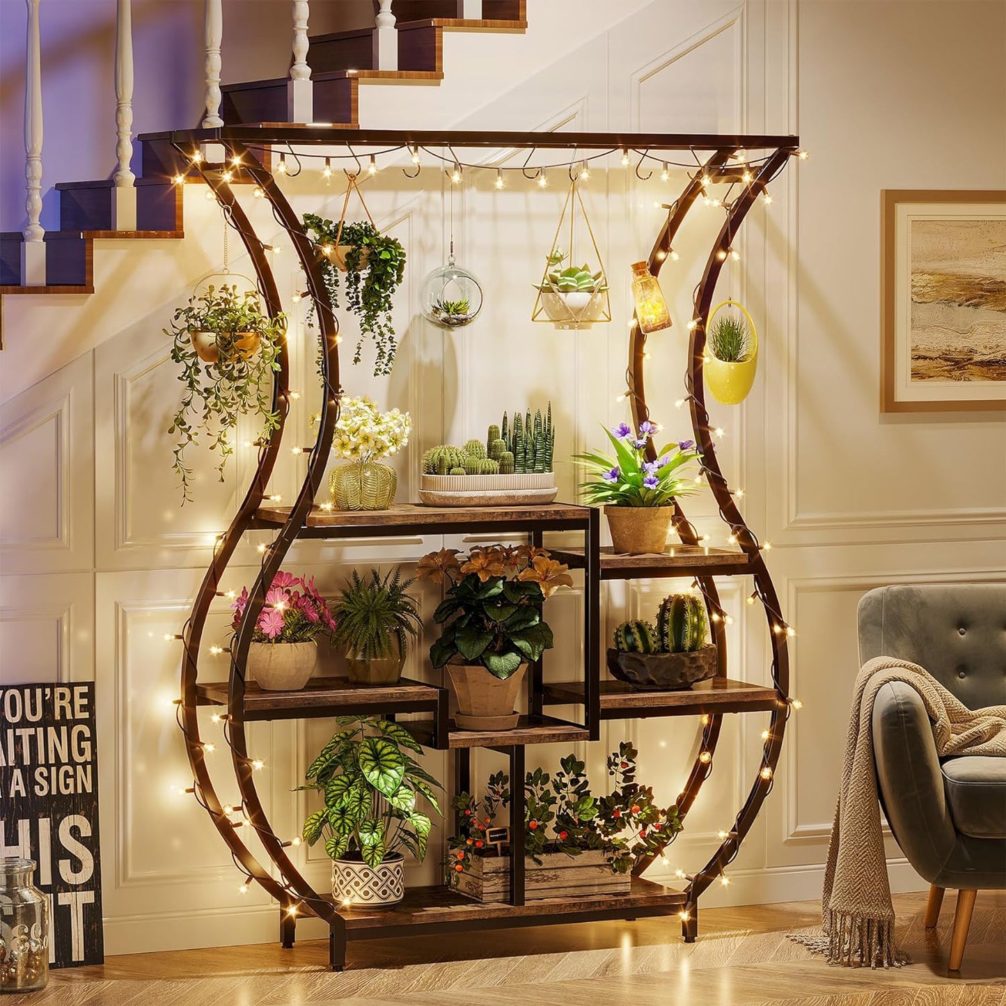 Tribesigns 6-Tier Plant Stand, 70.9 Inch Tall Plant Shelf with 10 Hanging Hooks, Vase Shape Ladder Plant Stand, Multi-Purpose Plant Display Rack for Indoor, Balcony, Living Room, Brown and Black