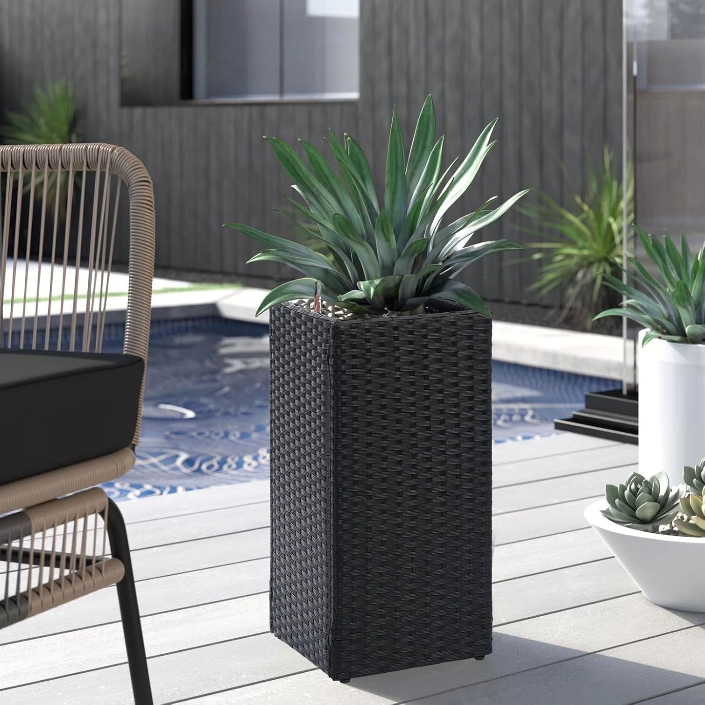 LEWIS&WAYNE Set of 2 Tall Planters for Outdoor Plants Handmade 24'' Wicker Tall Square Planter Box with Removable Liners Modern Planter for Indoor Outdoor Garden Patio Front Porch - Black