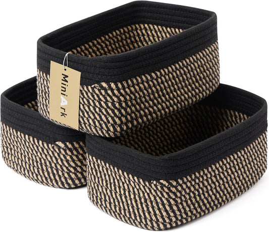 Small Storage Baskets for Organizing | Closet Organizer Bins | Shelf Toy Basket | Woven Rope Baskets | Cube Decorative Box | Shallow Basket | 11.5x7.5x4.7” | 3 Packs Black Brown
