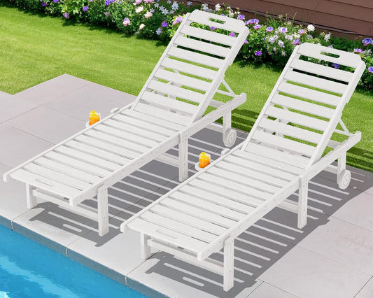 SERWALL Patio Chaise Lounge Set of 2, HDPE Outdoor Lounge Chair with Cup Holder, 5 Positions Adjustable Pool Lounge Chair with Rolling Wheels for Poolside, Deck, Sunbathing, White