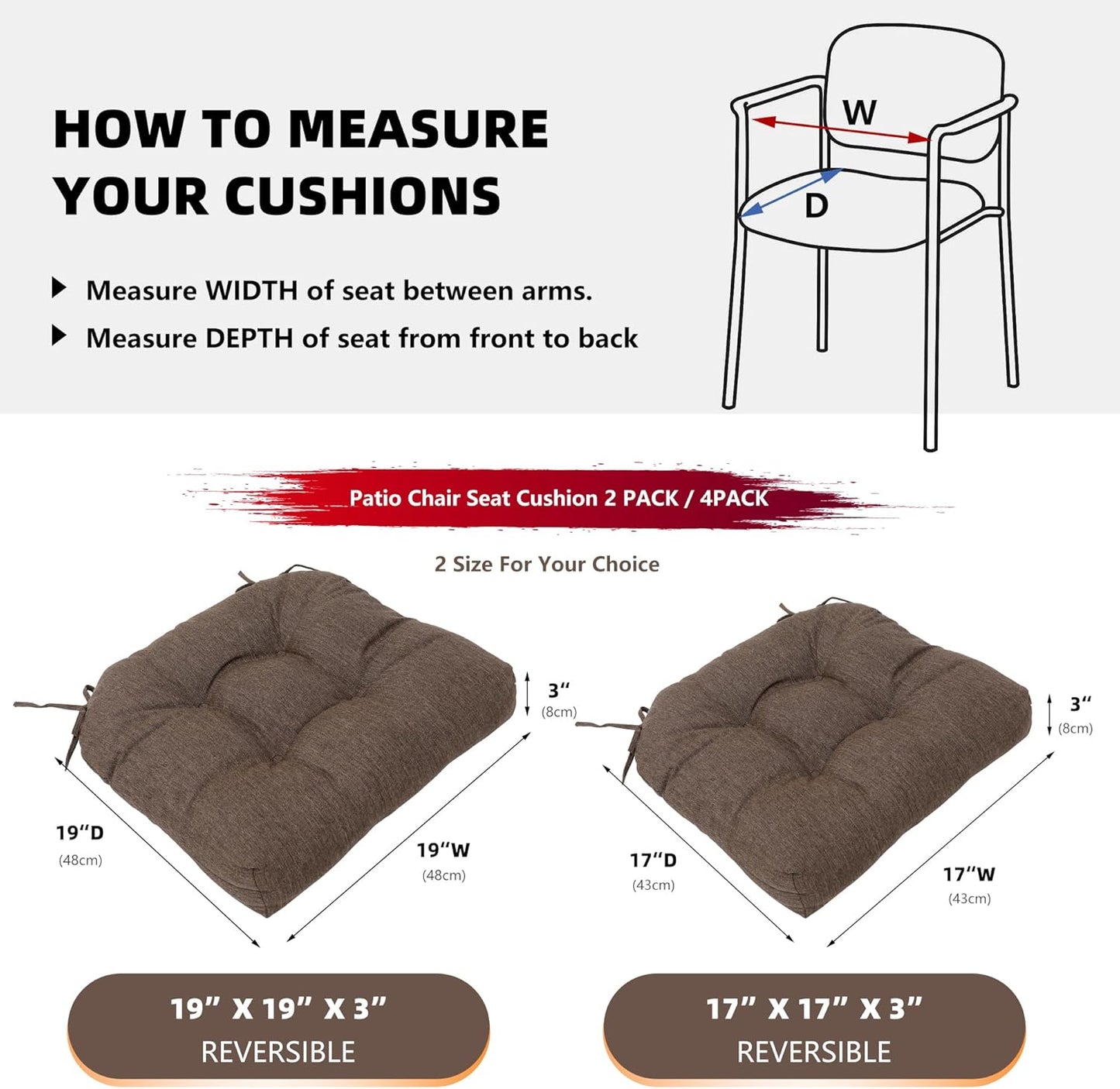 RACE LEAF Patio Chair Cushions 17x17 4 Pack, Thickened Heavy Duty Outdoor Cushions Stain & Water Resistant Non-Slip Ties Tufted (Brown)