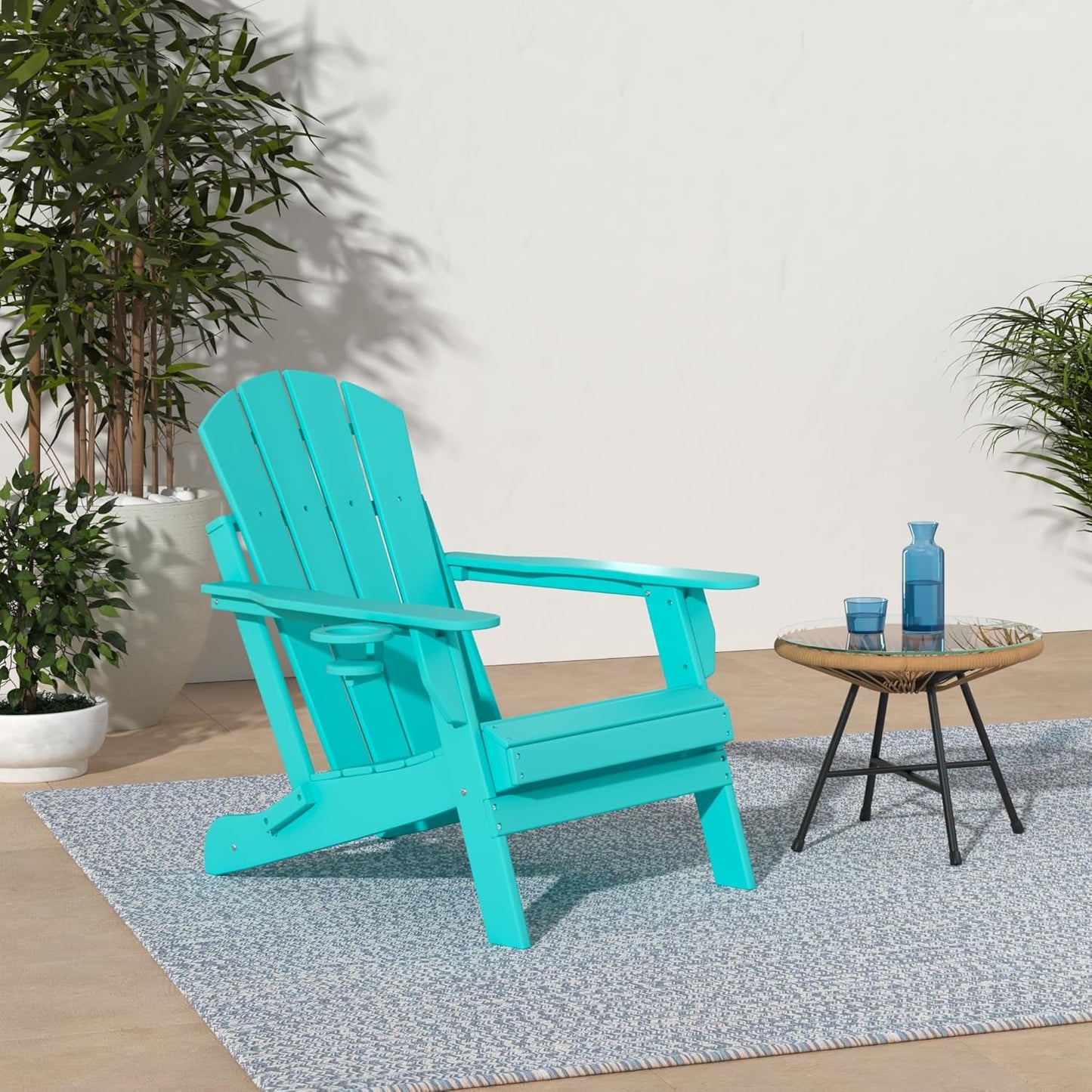 GREENVINES Folding-Adirondack-Chairs-Set-of-4 | HDPE All-Weather | Firepit Chair | Cup Holder | Aqua | for Campfire Deck Backyard Patio Outdoor Poolside Lawn