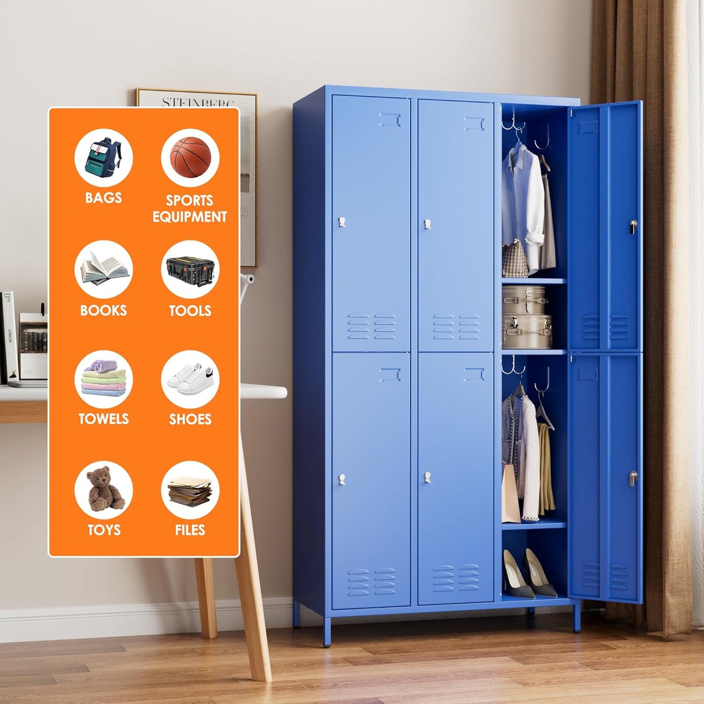 METAN Metal Locker for School Office Gym Bedroom,6 Doors Steel Storage Lockers Cabinet for Employees,Industrial Storage with 1 Shelf,Assembly Required,Blue