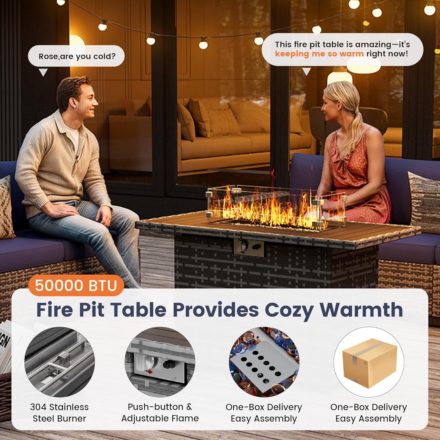 UDPATIO Patio Furniture Set with Fire Pit Table, 8 Inch Armrest Outdoor Sectional Sofa, Wicker Outdoor Furniture Conversation Sets with Waterproof Cover for Backyard Deck(Grey/Navy Blue)