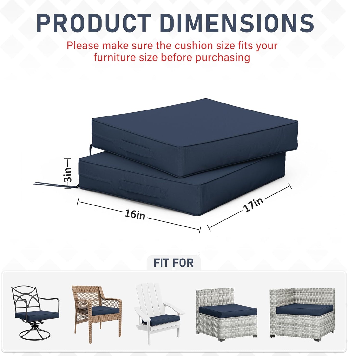 Patio Chair Cushions 17 X 16 X 3 Inch Waterproof Outdoor Seat Cushions for Patio Furniture, Outdoor Sofa Couch Pads with Ties & Handle, Set of 2, Navy Blue