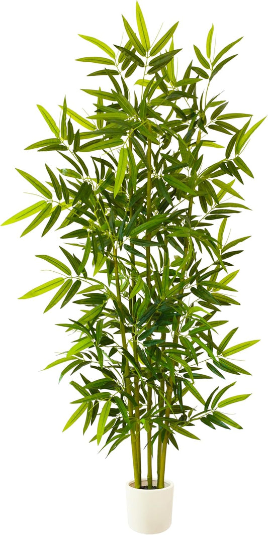Artificial Bamboo Tree, 6ft Tall Fake Bamboo Plant with White Planter, Faux Trees with 5 Trunks and Lifelike Leaves for Indoor Outdoor Home Office Décor