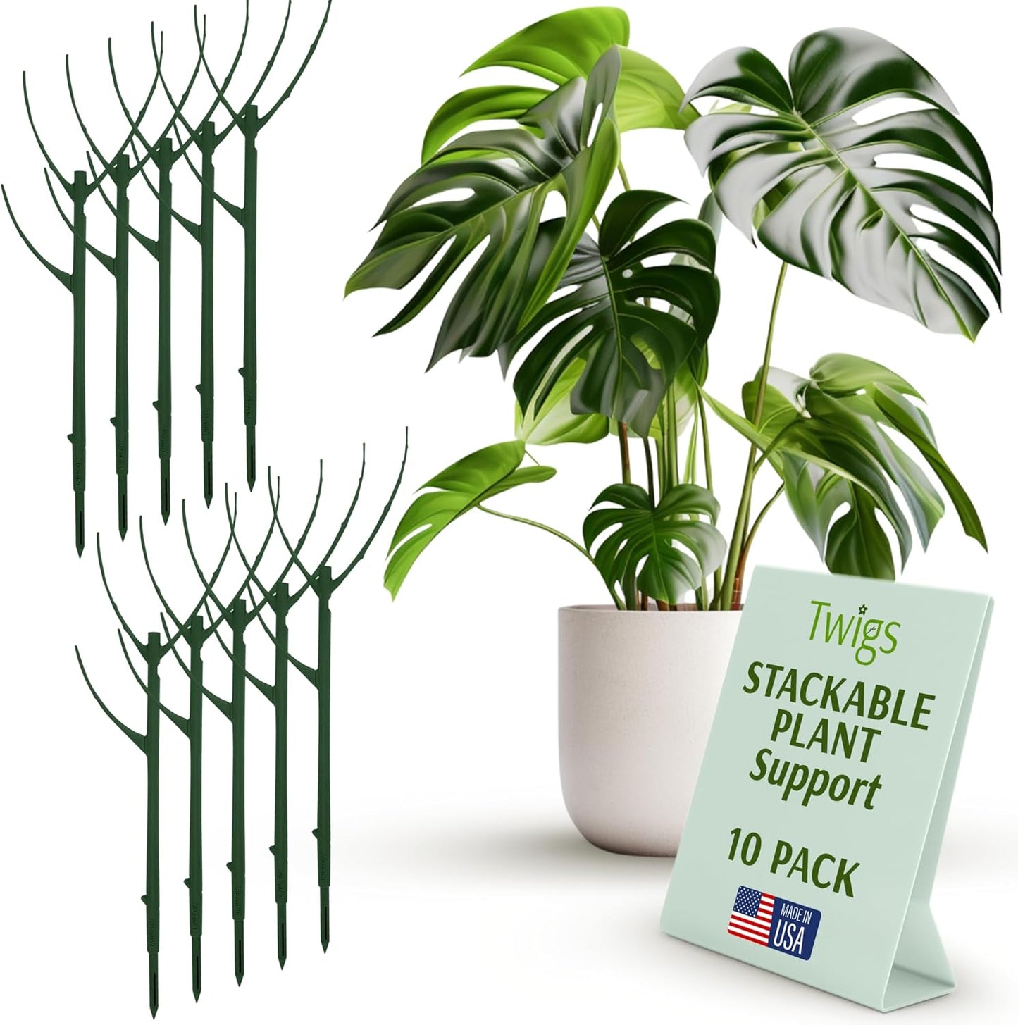 Stackable Plant Support Stakes, Stem Holder Structure for Indoor & Outdoor Use, Garden Accessories for Climbing & Potted Plants, Trellis Alternative - Monstera (Dark Green), 10 Pack, 17" L