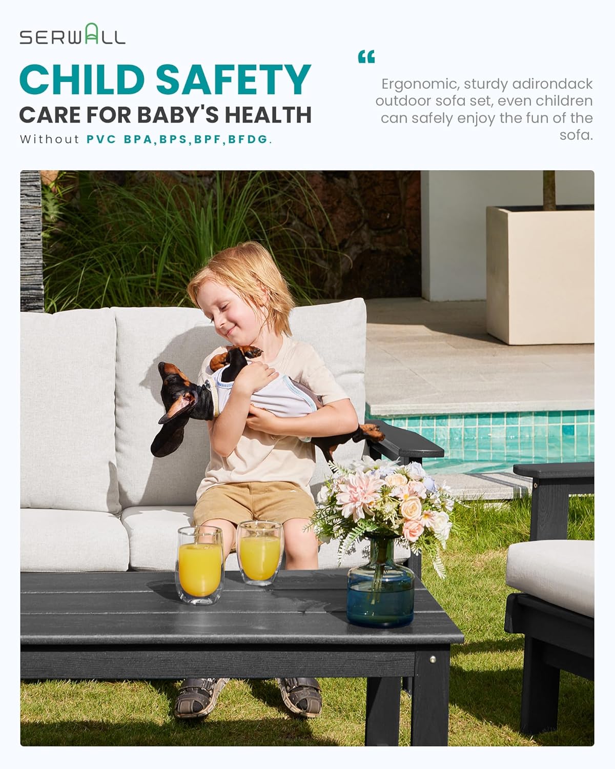 SERWALL HDPE Outdoor Couch, Grey Frame and Khaki Cushion