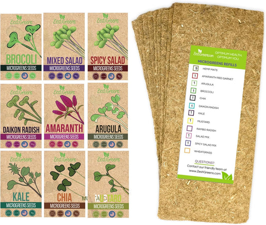 Microgreens Kit Refills with 9 Plant Mats & 9 Types of Seeds for ZestIGreens Microgreens Starter Kit