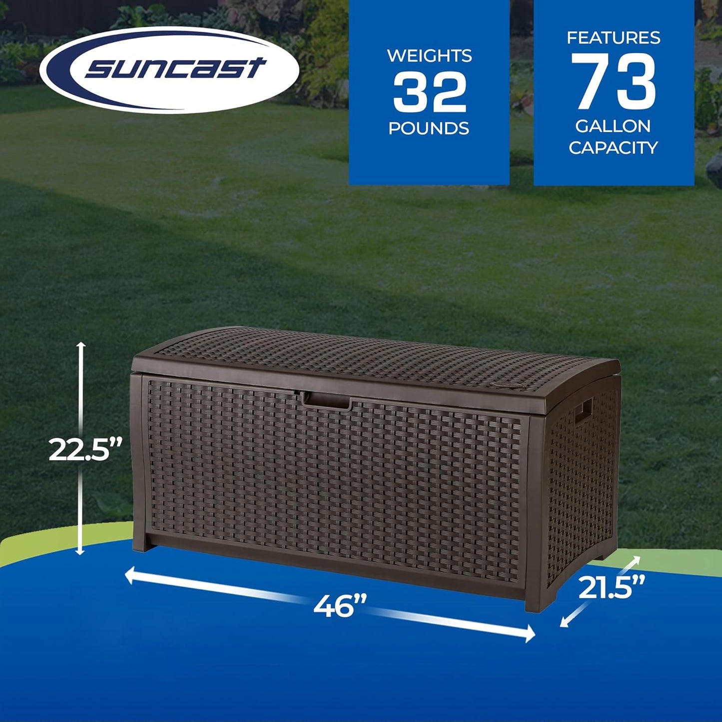 Suncast Outdoor Storage Box - 73 Gallon Mocha Brown Deck Box for Patio, Waterproof Outdoor Storage Bench, Resin Wicker Style, Heavy-Duty, Lockable Lid for Cushions, Shoes, Pool & Garden Gear