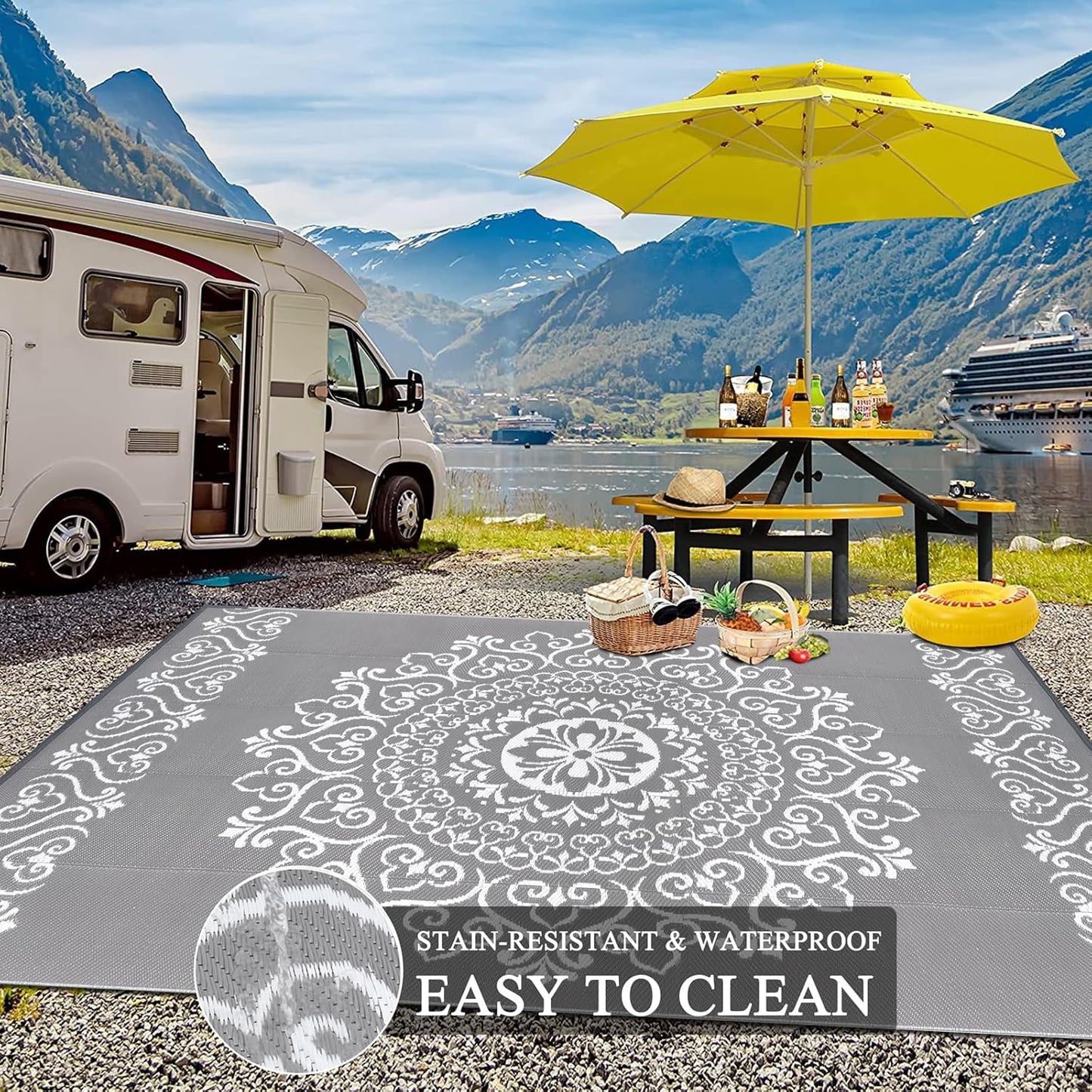 Pauwer Waterproof Outdoor Rug 8x10, Reversible Plastic Straw Patio Camping Rug, Indoor Outdoor RV Mat Carpet for Deck, Camper, Porch, Balcony, Backyard, Picnic, Floral Grey