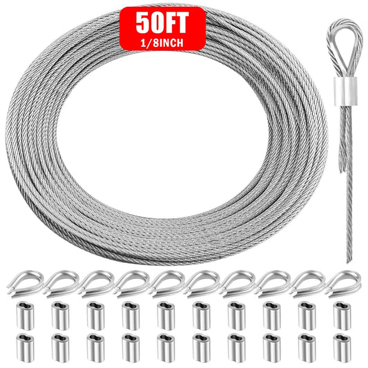 Metal Wire 1/8 inch Carbon Steel Galvanized Cable 50FT Length Aircraft Cable 7x7 Strand Core Picture Hanging Wire with 10 Pcs Thimbles and 20 Pcs Aluminum Sleeves