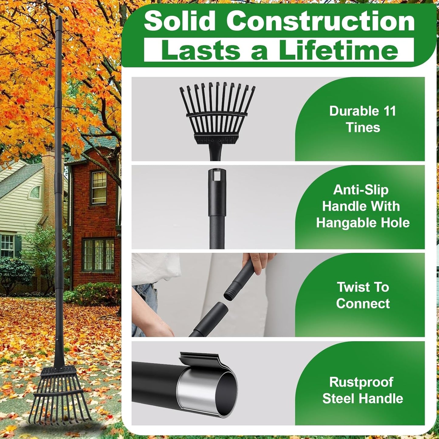 Rake for Leaves Small Metal Garden Tool with 11 Tines 63 Inch Adjustable Handle Sturdy Yard Rake for Gardening Gathering Leaves Weeds Debris, Black