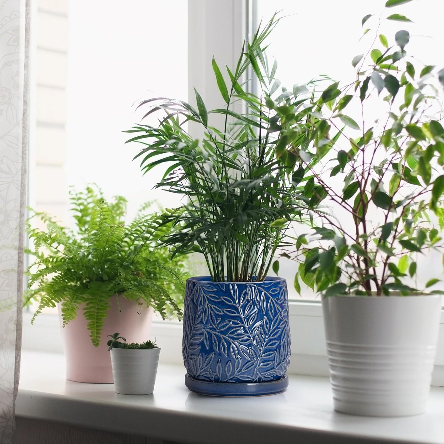 D'vine Dev 6 Inch Embossed Leaves Stoneware Planter Pot with Drainage Hole and Saucer, Midnight Blue, 27-A-X-3