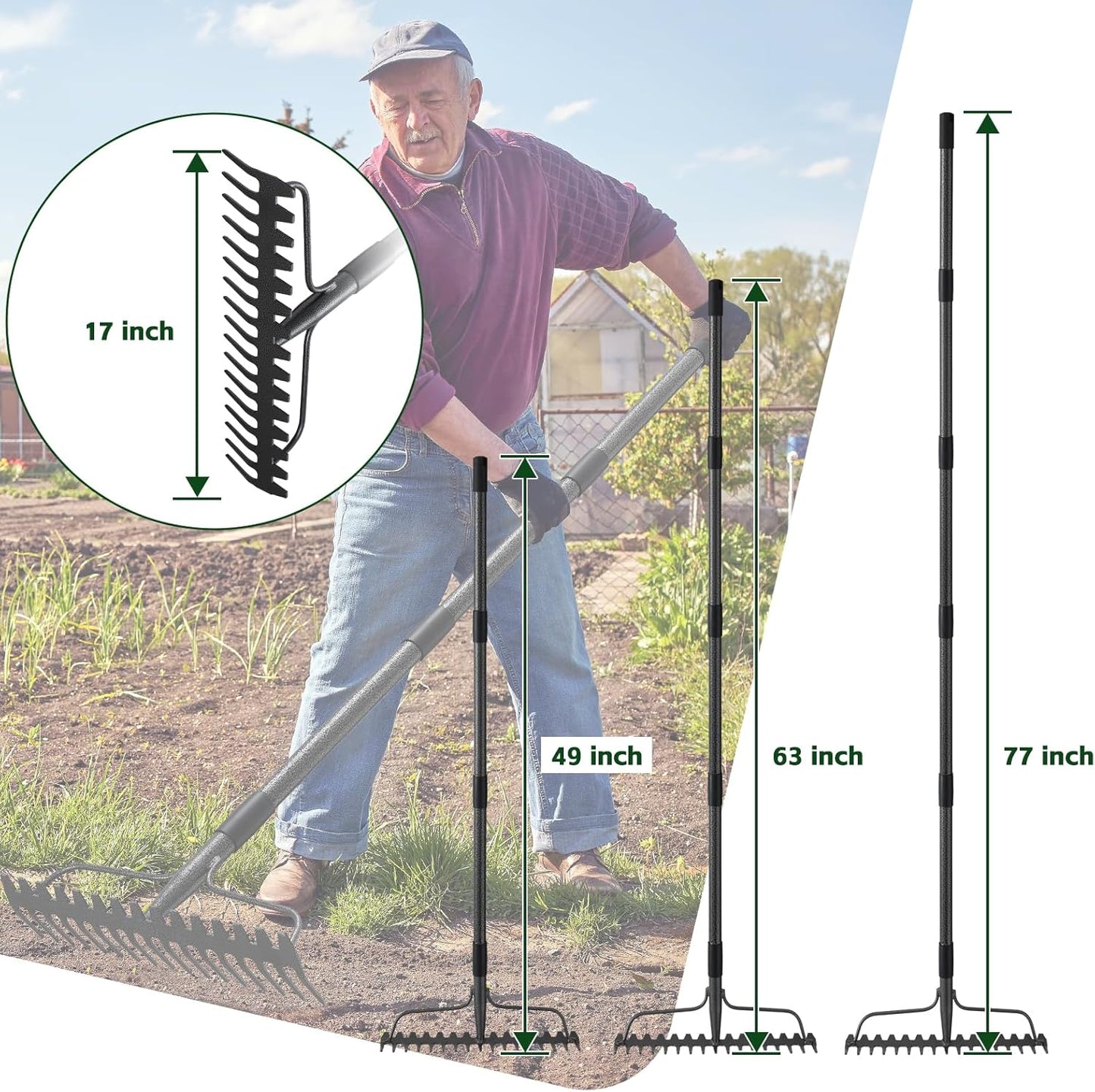 49'' Bow Rake ，17 Tines Metal Head Rakes with Stainless Steel Handle，Heavy Duty Garden Rake for Loosening Soil Gathering Leaf Leveling Lawn Farming Land Management Yarn Thatch Rake