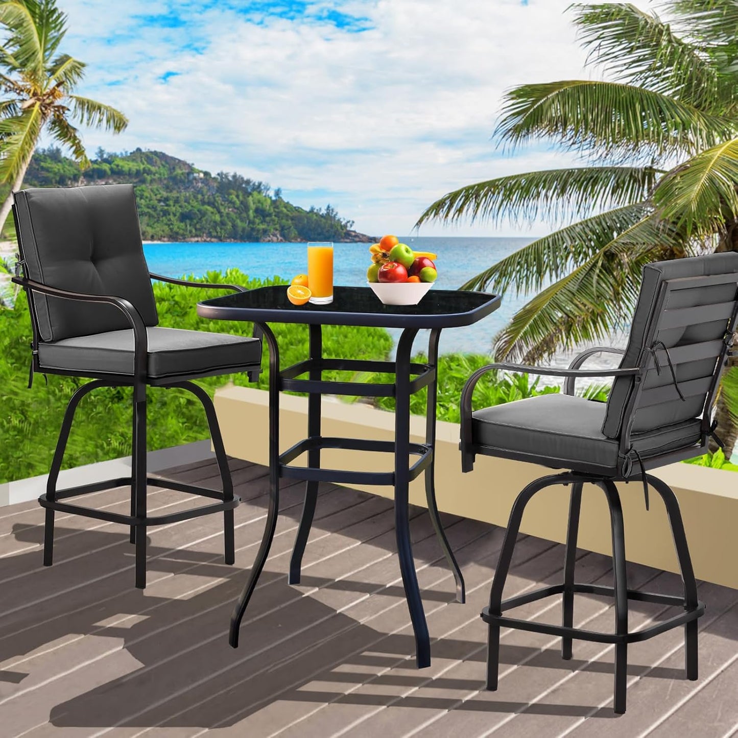 Patio Swivel Bar Stools, Outdoor High Back Swivel Bar Stool Chair Set of 2 with Cushion & All Weather Steel Frame, Dark Gray