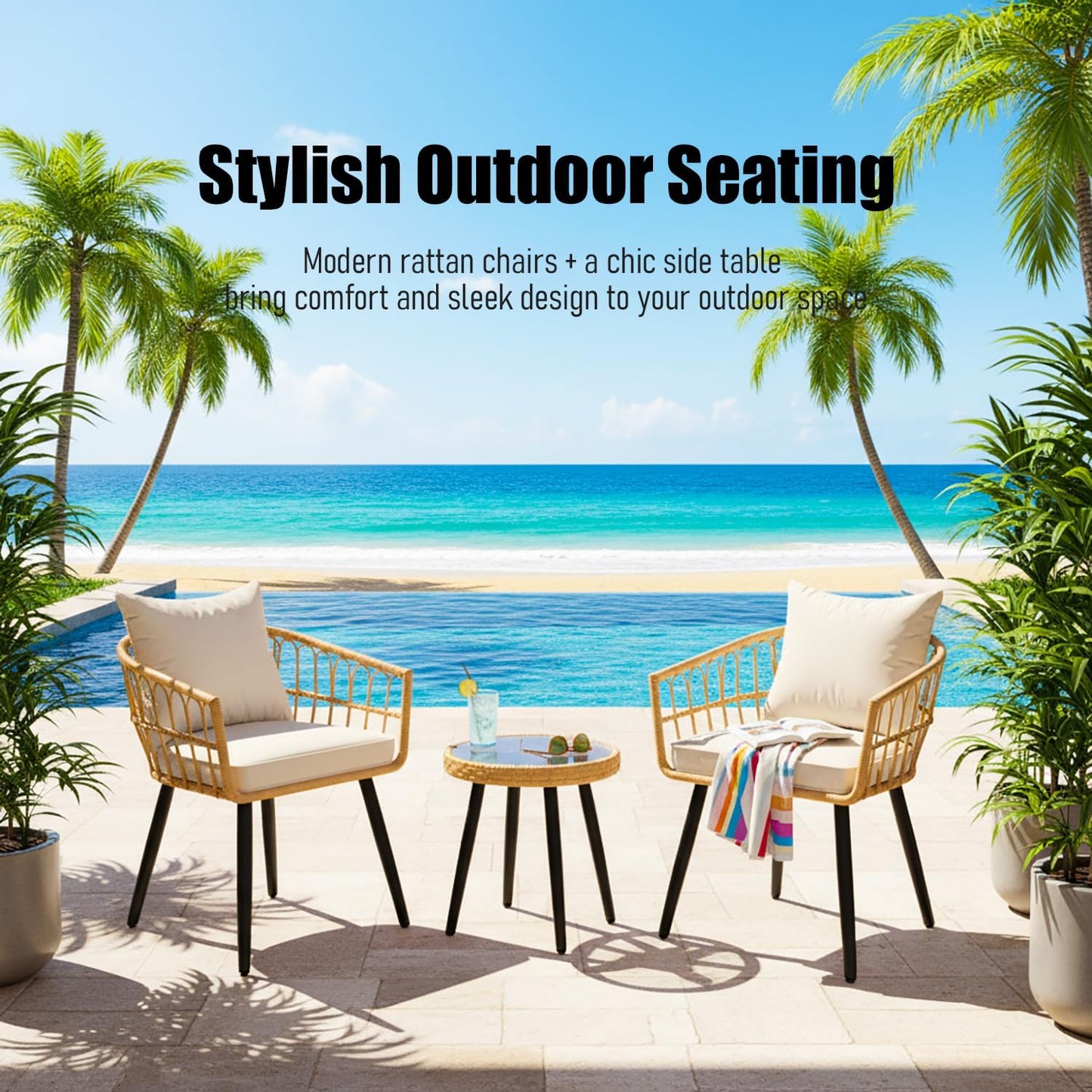 3 Pieces Patio Bistro Set, Outdoor Wicker Table and Chairs Set of 2, Rattan Balcony Furniture Set with Cushions for Front Porch Apartment Backyard Deck