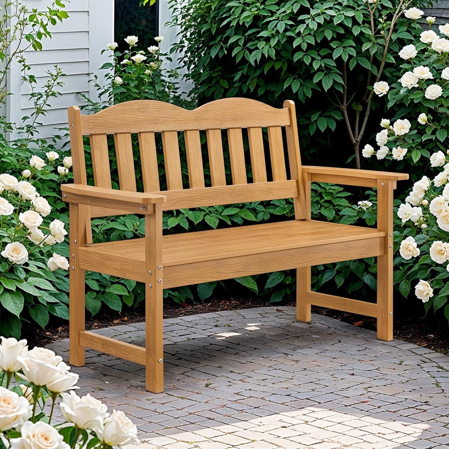 Outdoor Bench, 2-Person Poly Lumber Garden Bench with 800 lbs Weight Capacity, All-Weather Patio Bench with Armrests and Backrest for Garden, Porch, Backyard and Park, Teak