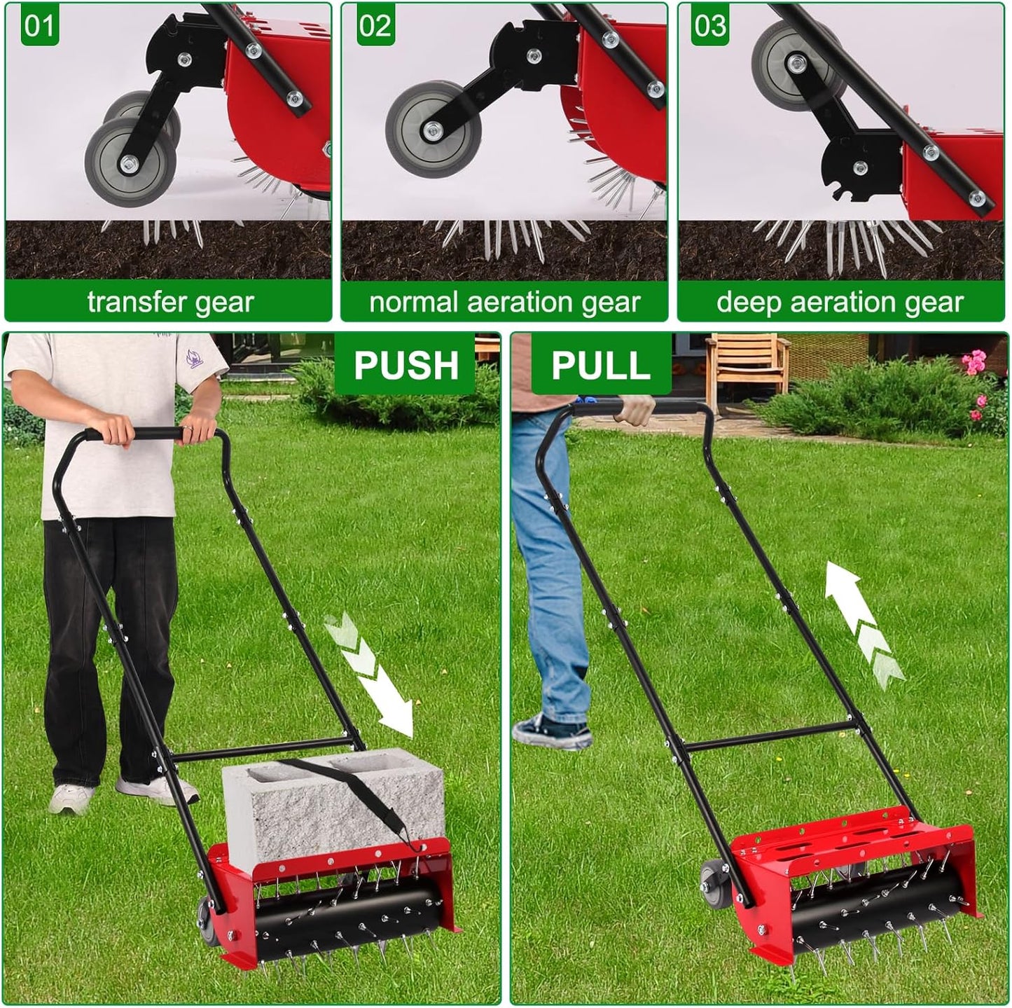18.5 inch Push Spike Aerator, Lawn Aerator Tool with Side skids,Aerator with Two Height Adjustable Wheel,Rolling Aerator Suitable for Lawn, Garden and Yard