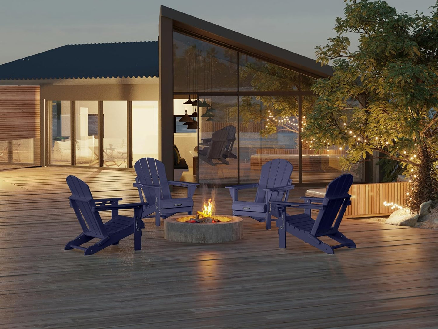 MUCHENGHY Folding Adirondack Chairs, Patio Chairs, Lawn Chairs, Outdoor Chair, Adirondack Chair Plastic, Fire Pit, Weather Resistant with Cup Holder for Deck, Backyard, Garden(Dark Navy Blue)