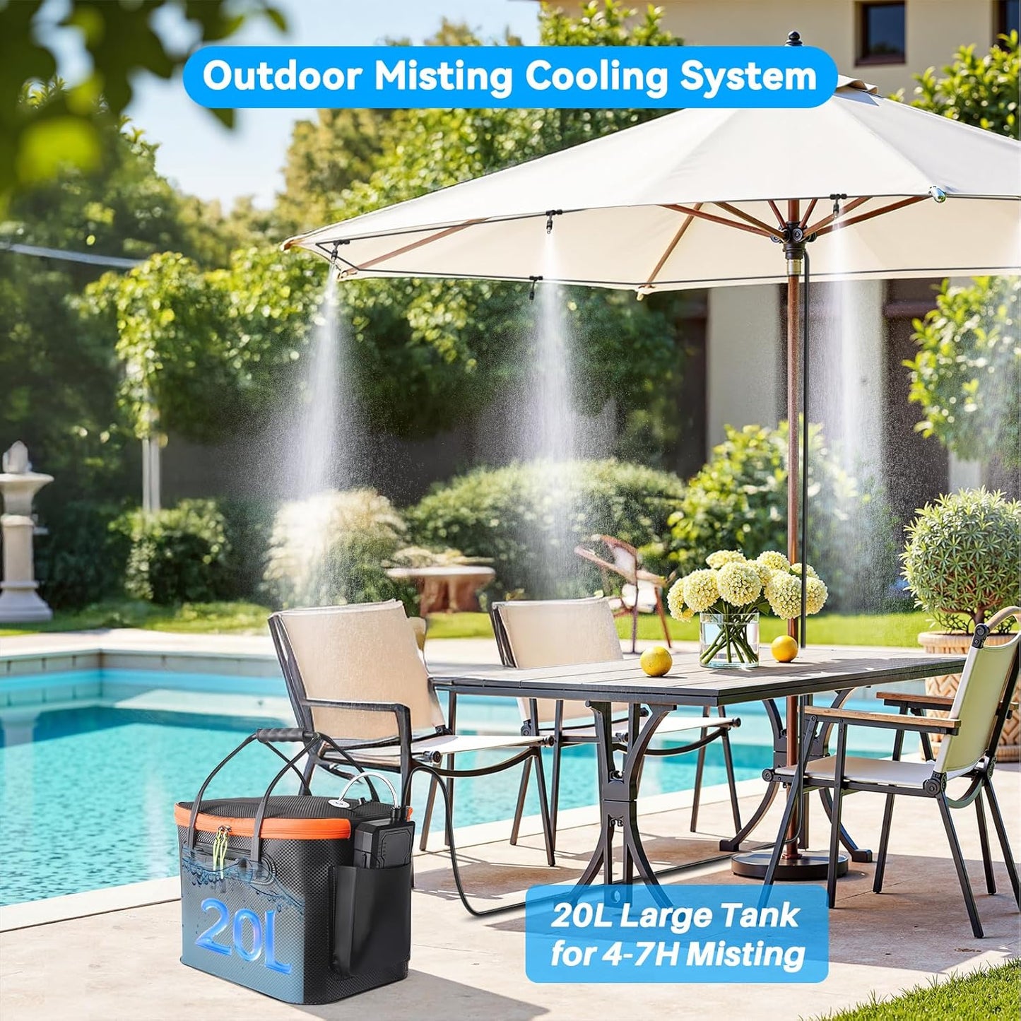 Ausic Portable Misting Systems, Outdoor Water Cooling Misters Set with 6000mAh Water Pump, 20L Bucket, 26FT (8M) Hose, 6*Nozzles, 10*Clips/Ties for Patio/Umbrella/Pasture/Greenhouse/Canopy/Camping