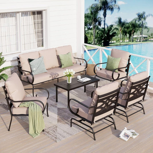 Sophia & William Patio Furniture Set Outdoor Couch Sofa, 6 Piece Outdoor Conversation Sets 7 Seat Clearance with 3-seat Sofa x 1, Rocking Chair x 2, Cushioned Chair x 2, Metal Coffee Table x 1, Beige