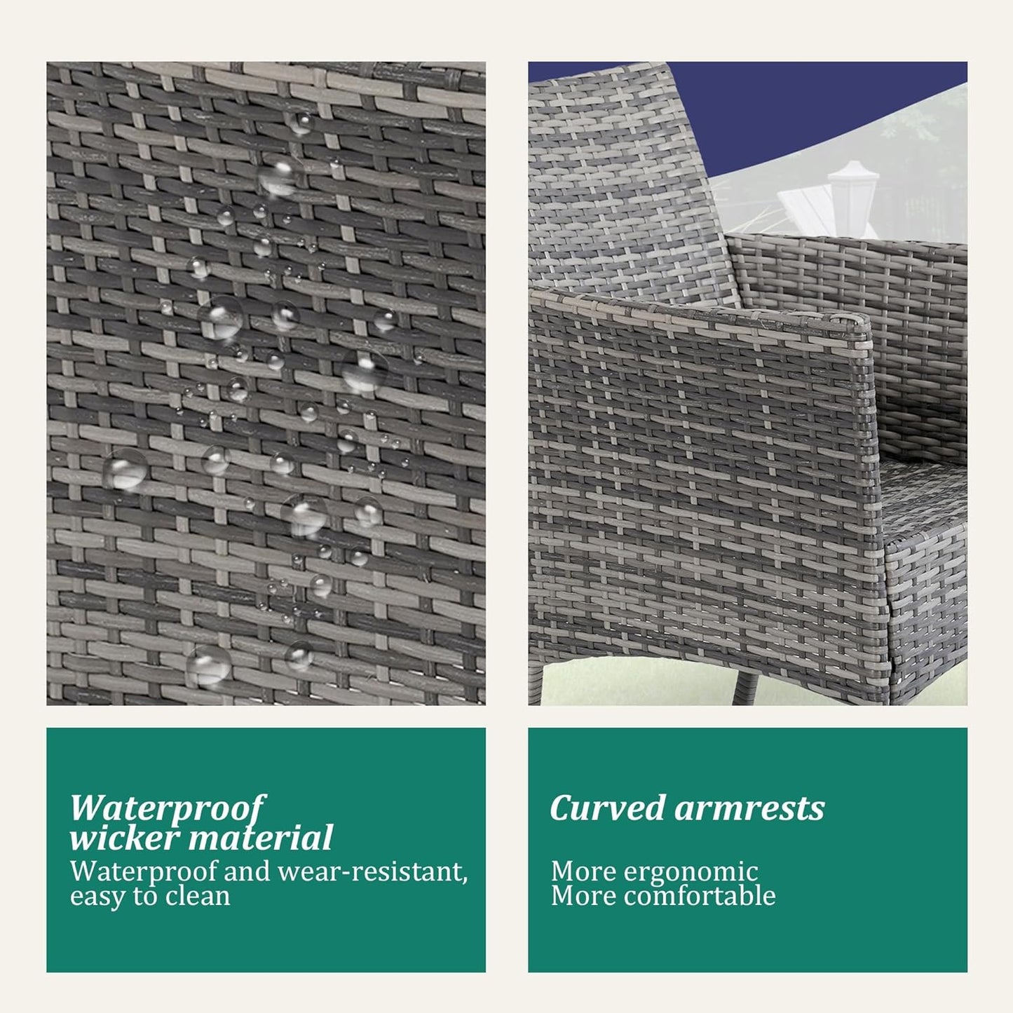 3 Piece Patio Furniture Set - Outdoor Conversation Sets with Coffee Table, Rattan Chair Set for Garden/Poolside, Grey/Navy Blue