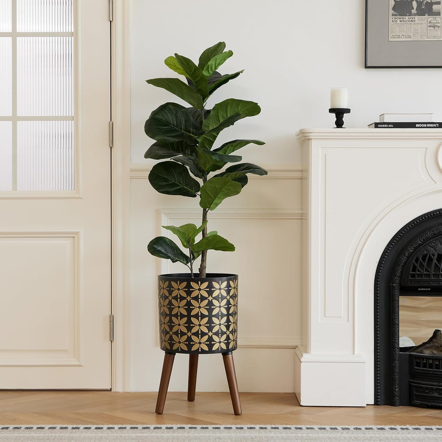 10 Inch Plant Pot with Stand, Planter for Indoor Plant Mid-Century with Drainage Holes for Outdoor,Black and Gold