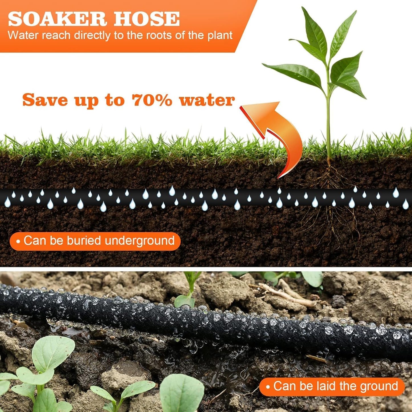 Soaker Hose, 1/2" x 150 FT Round Rubber Garden Soaker Hose, Heavy Duty Water Seeper Soaker Hoses for Foundation Watering, Garden Beds, Garden, Lawn and Plants