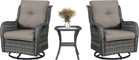 3 PCS Patio Furniture Set - Mixed Grey Wicker Swivel Rocking Chair Set with Side Table