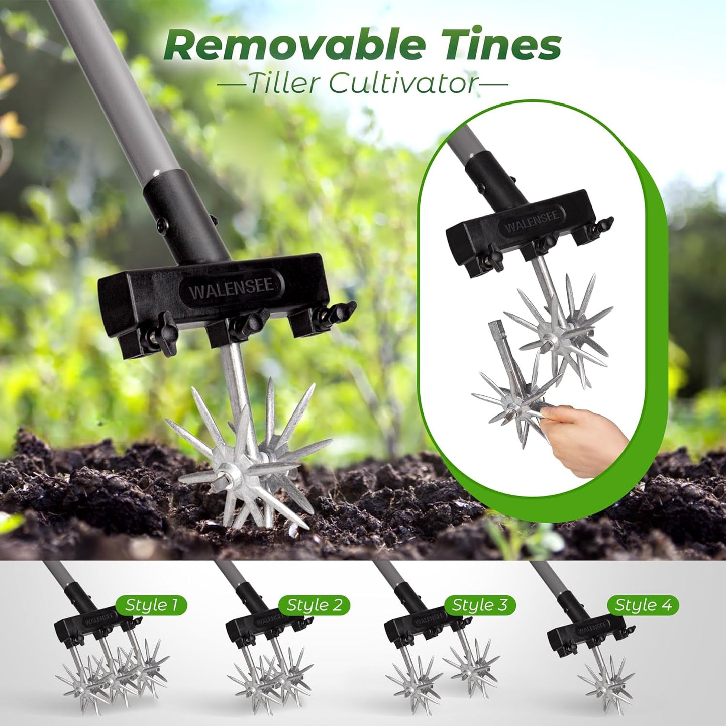 Walensee Rotary Cultivator Garden Tool – Adjustable Hand Tiller for Gardening & Lawn Care with Rustproof Aluminum Blades, Telescopic Handle, Lightweight Nylon Base – Soil Aerator & Grass Reseeder