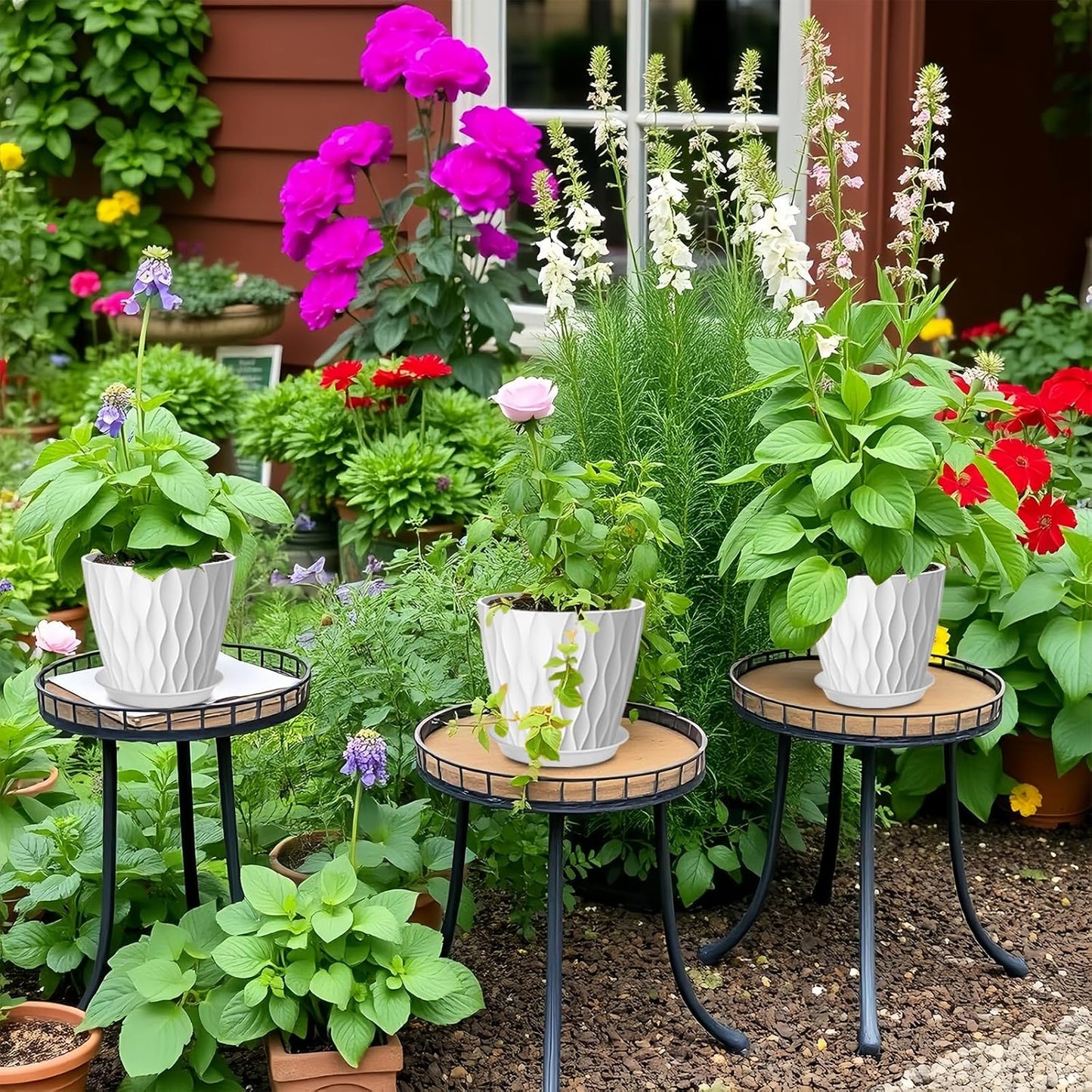 6 Pack 7 Inch Plant Pots with Drainage and Saucers, White Plastic Flower Pots for Indoor and Outdoor Plants, Stackable Nursery Planters for Houseplants and Herbs, White