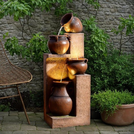 53" H Patio Water Fountain-The 4 Cascading Modern Feature Crocks Garden Fountains and Waterfalls with Warm Lights for Porch, Deck, Patio, Backyard Home Décor (Gold)