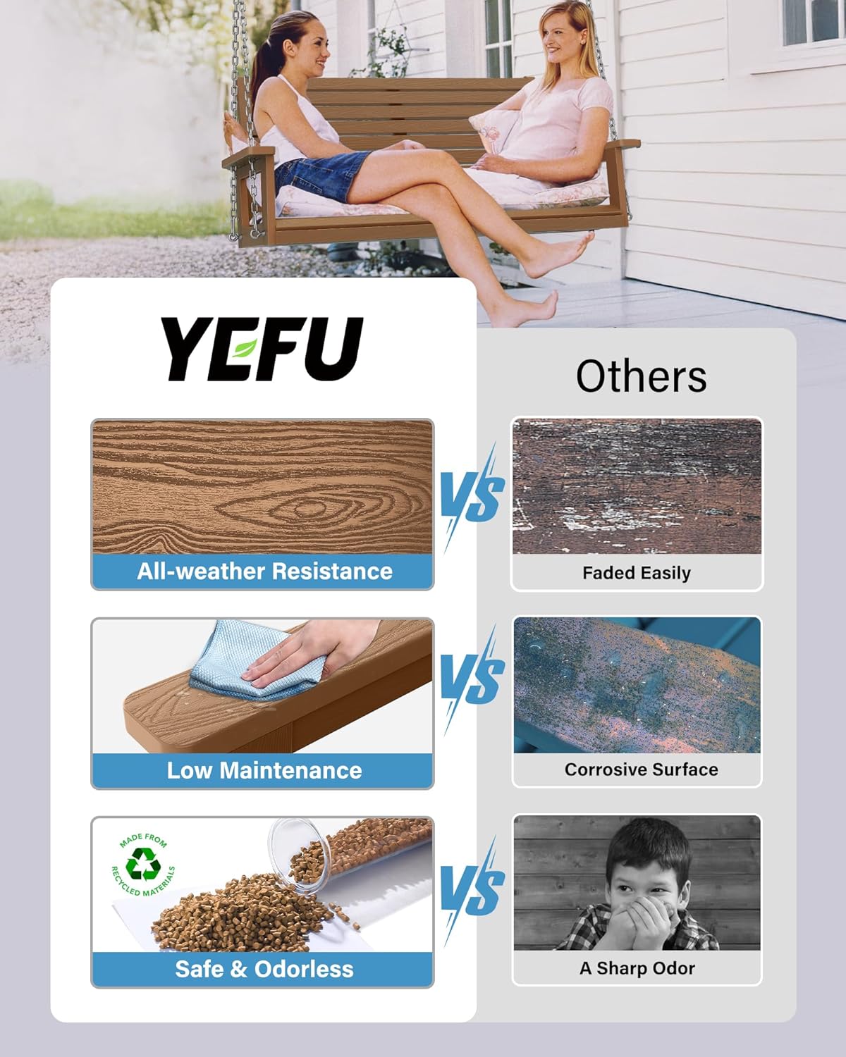 YEFU Hanging Porch Swing Set of 2,2-Seat Patio Swing Bench,All-Weather Swing Chair with Hanging Chains,Look Like Real Wood,for Garden and Courtyard,800LBS Weight Capacity,4FT,Teak