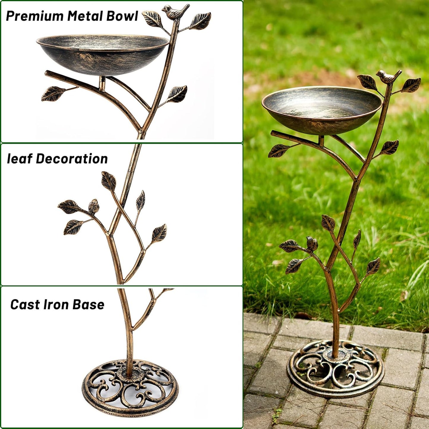 Diam 11.4" W x 31" H Cast Iron Pedestal Bird Bath, Bird Baths for Outdoors,Vintage Metal Bird Bath Garden Yard Decoration