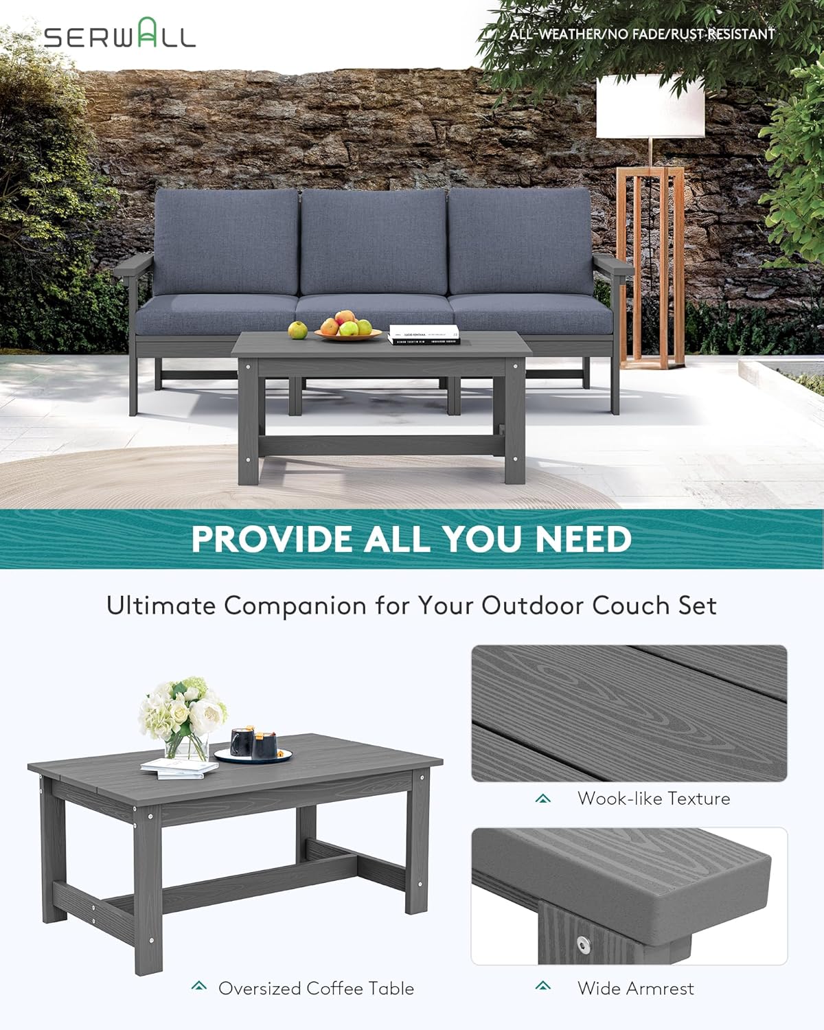 SERWALL HDPE Patio Sofa Set, 4-Piece Sectional Outdoor Furniture Set, All Weather Outdoor Couch Set Patio Furniture Set for Deck, Lawn, Grey Frame with Grey Cushion