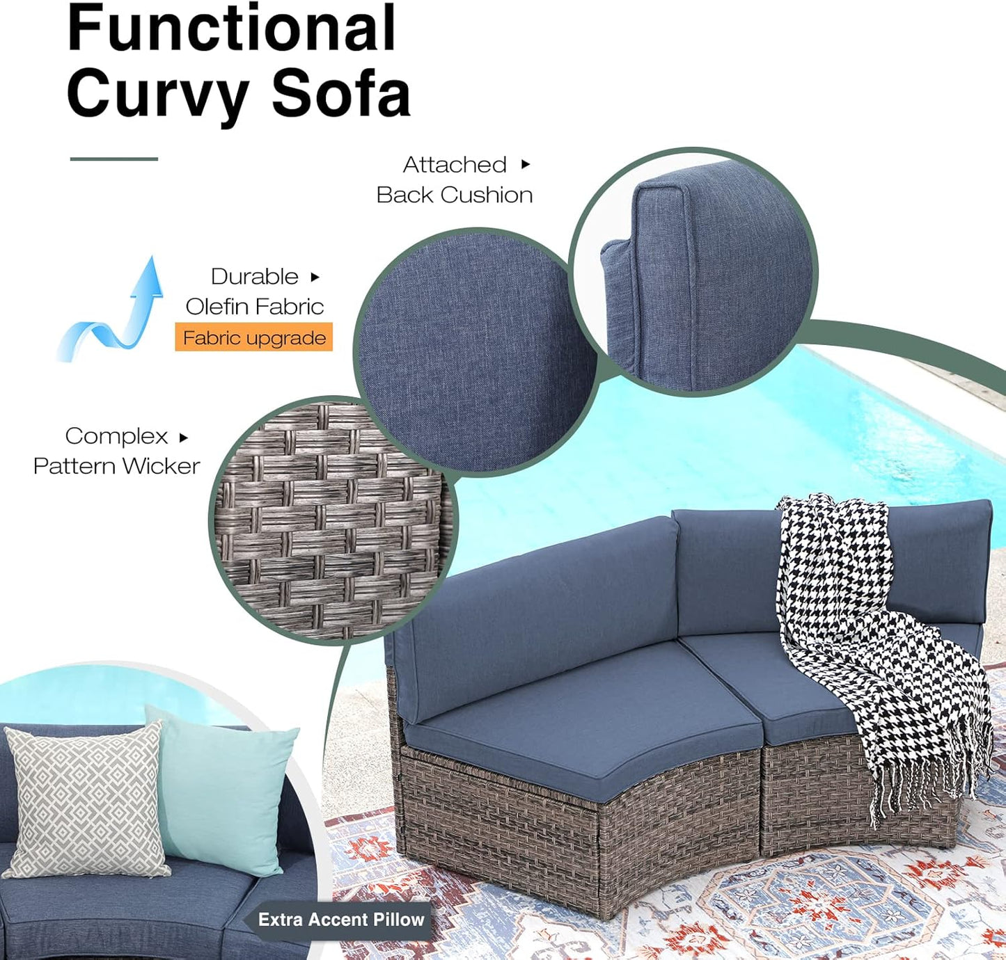 SUNSITT Outdoor Patio Furniture 11-Piece Half-Moon Sectional Round Patio Furniture Set Curved Outdoor Sofa with Tempered Glass Round Coffee Table, 4 Pillows, Grey Rattan & Denim Blue Cushion