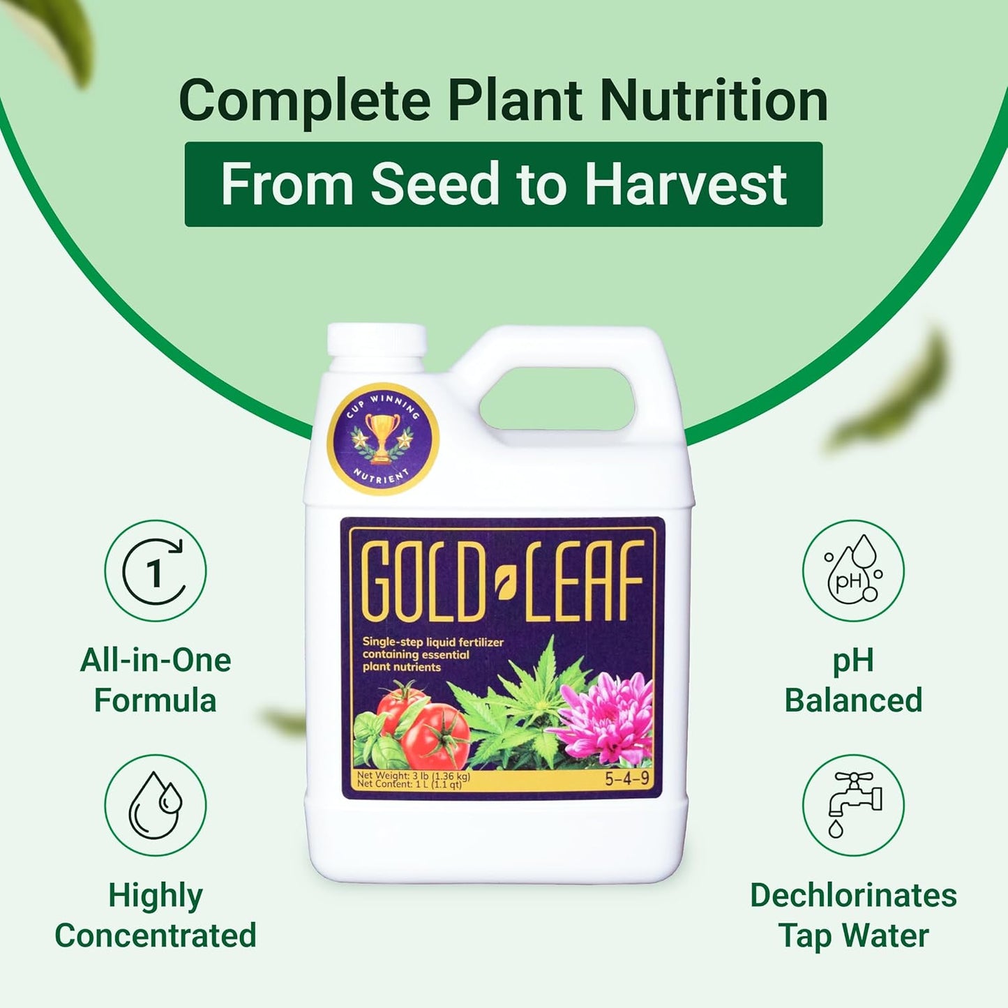 1L Gold Leaf All-in-One Liquid Fertilizer – pH Balanced, Instantly Dechlorinates, No Additives Needed – for Soil, Hydroponics & Coco – Bigger Blooms, Higher Yields, Complete Plant Nutrition