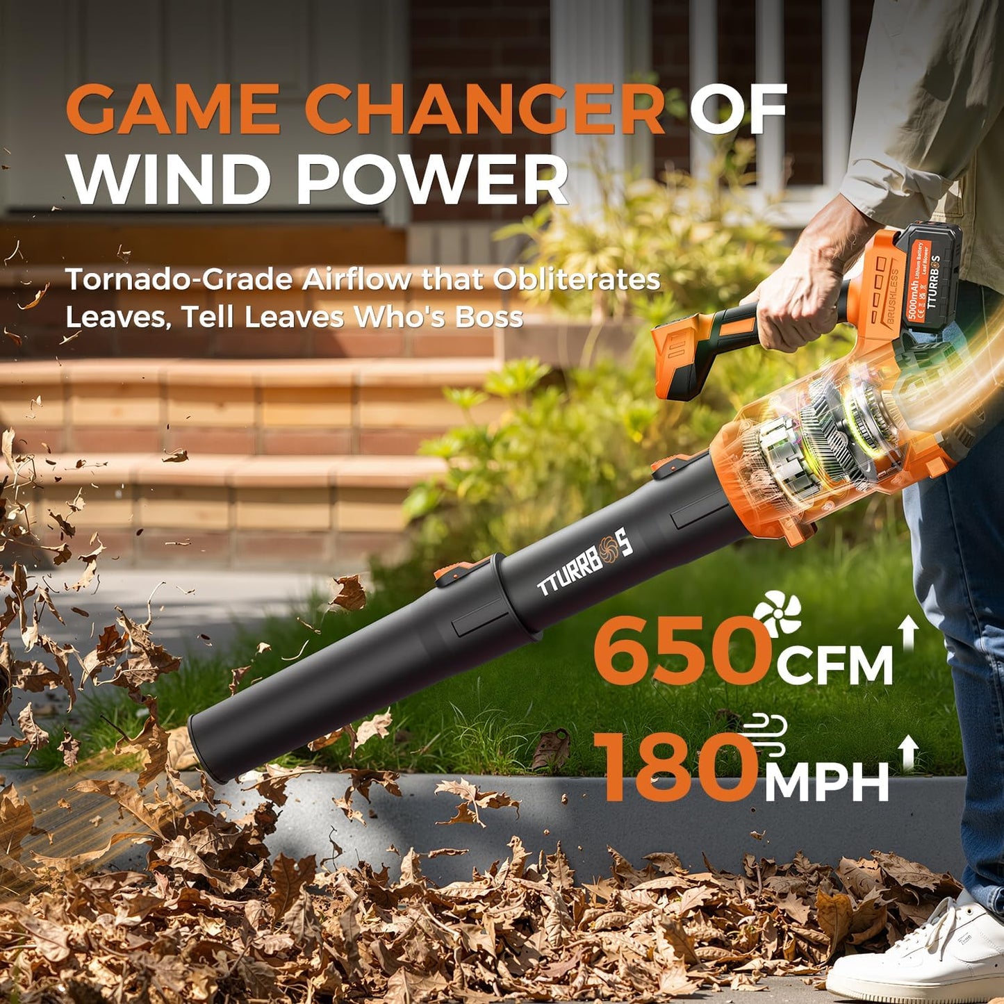 Leaf Blower Cordless - 650CFM Brushless Motor Leaf Blower with 6-Speed Control & Ergonomic Handle - Includes 2 x 5.0Ah Batteries & Fast Charger - Blowers for Lawn Care, Yard, Patio, Leaves, Snow, Dust