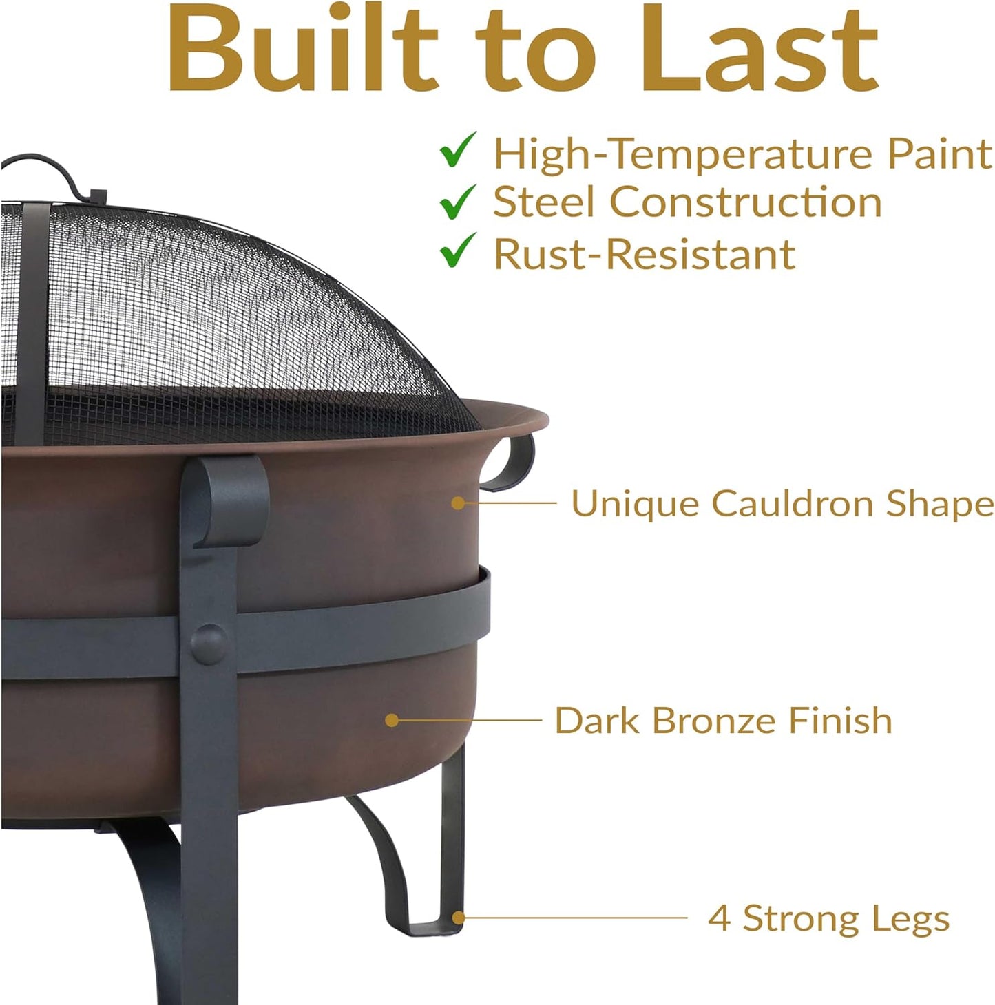 Sunnydaze 29-Inch Wood-Burning Outdoor Fire Pit - Bronze Cauldron Wood Fire Pit for Outside - Includes Poker and Spark Screen