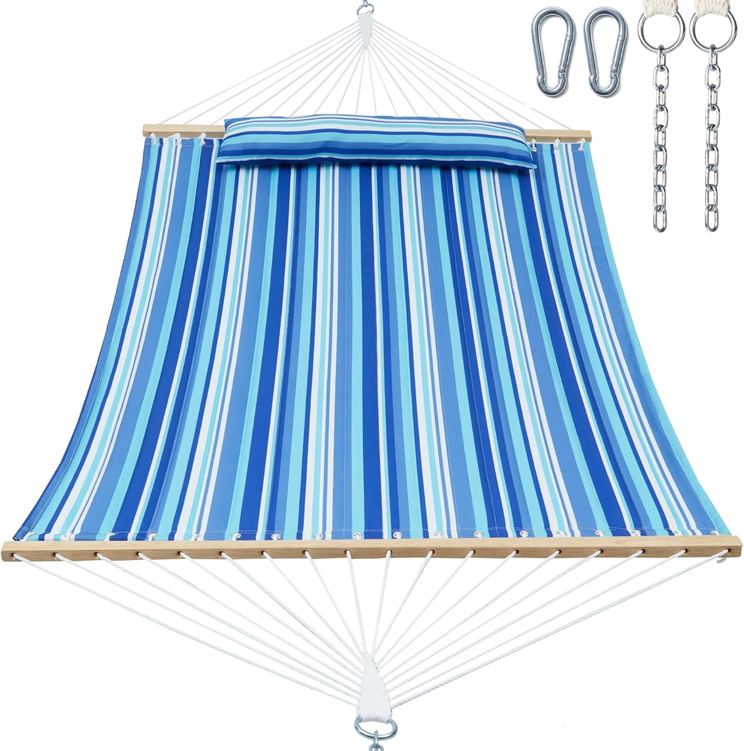 Double Quilted Fabric Tree Hammock with Spreader Bar, 14ft Hammocks 2 Person for Outside, Fits 12ft -14ft Hammock Stand, Large Pillow, Side Pocket & Carabiner, Max 475 lbs Capacity (Ocean Blue)