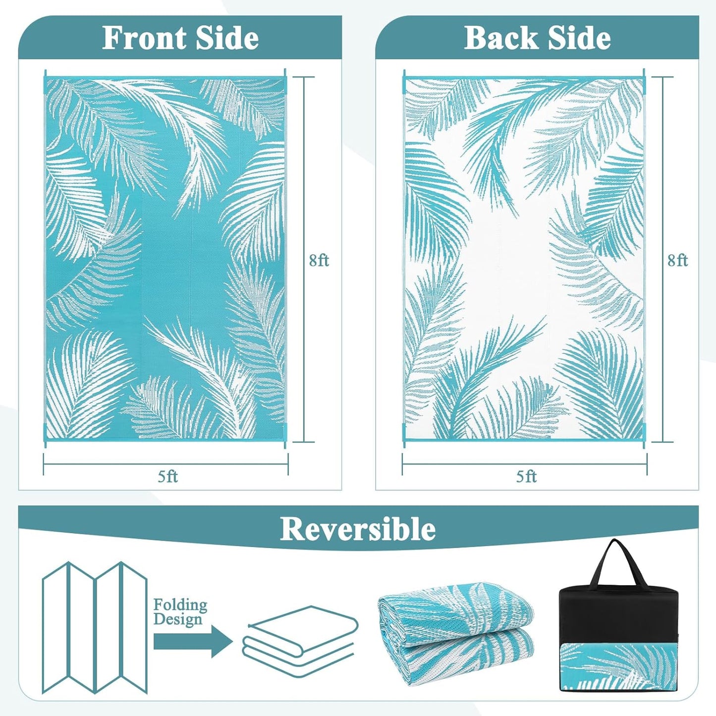 Pauwer Waterproof Outdoor Rug 5x8, Reversible Plastic Straw Patio Camping Rug, Indoor Outdoor RV Mat Carpet for Deck, Camper, Porch, Balcony, Backyard, Picnic, Leaf Teal