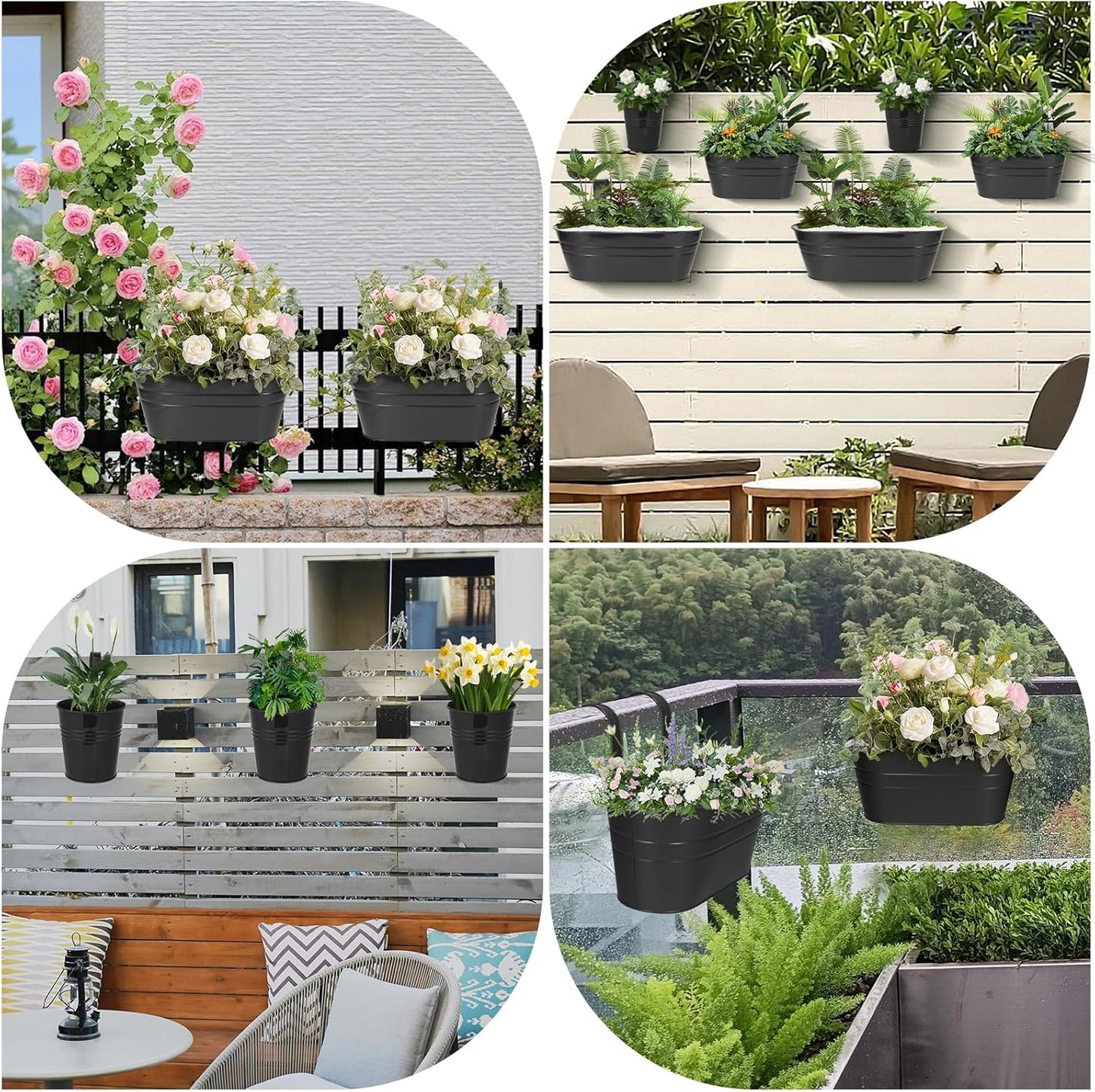 3 Different Size Metal Iron Hanging Flower Pots 13 Pcs for Outdoor Plants Metal Hanging Bucket Pots Iron Railing Fence Planter with Drainage Holes and Hooks for Porch Railing Balcony Fence (Black)