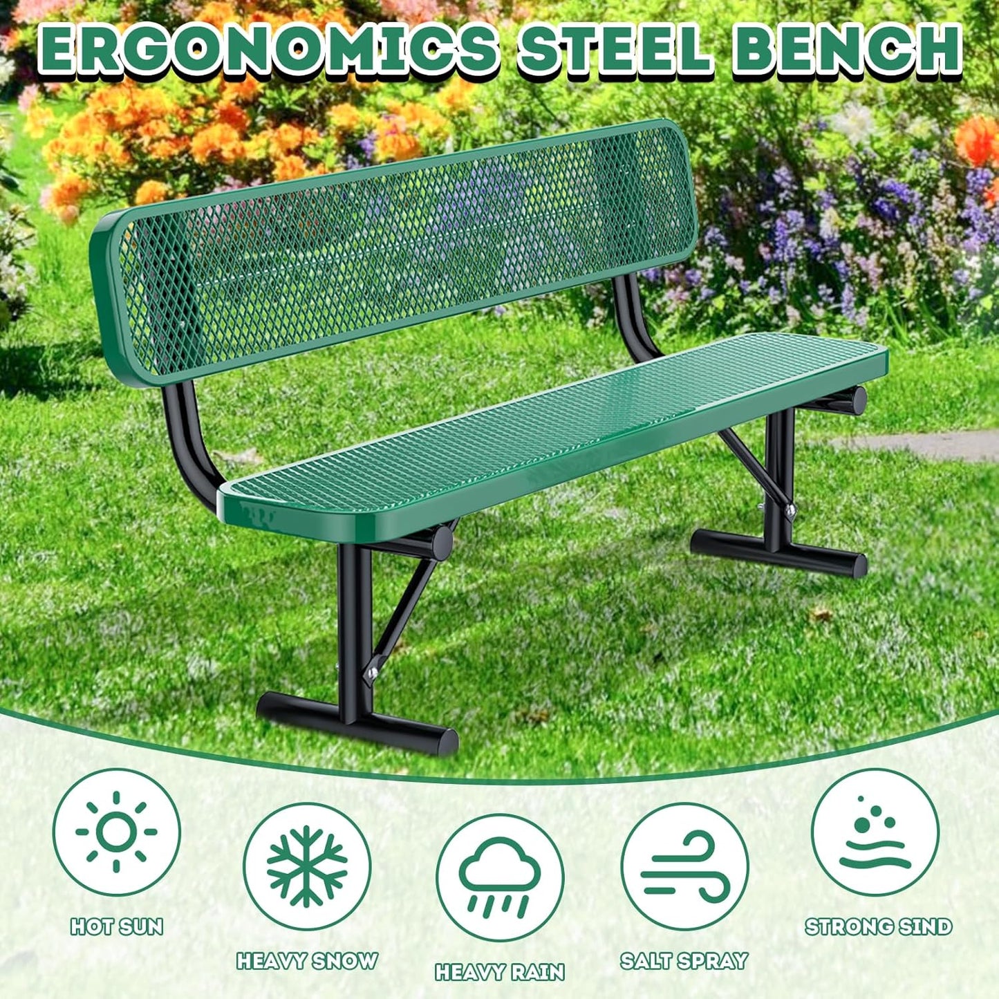 Heavy Duty Park Bench for Outside, Metal Park Bench with Back Portable Frame, Outdoor Steel Mesh Garden Bench with Backrest for Garden, Lawn, Patio, Porch, Park, Yard (Green, 6FT/73INCH)