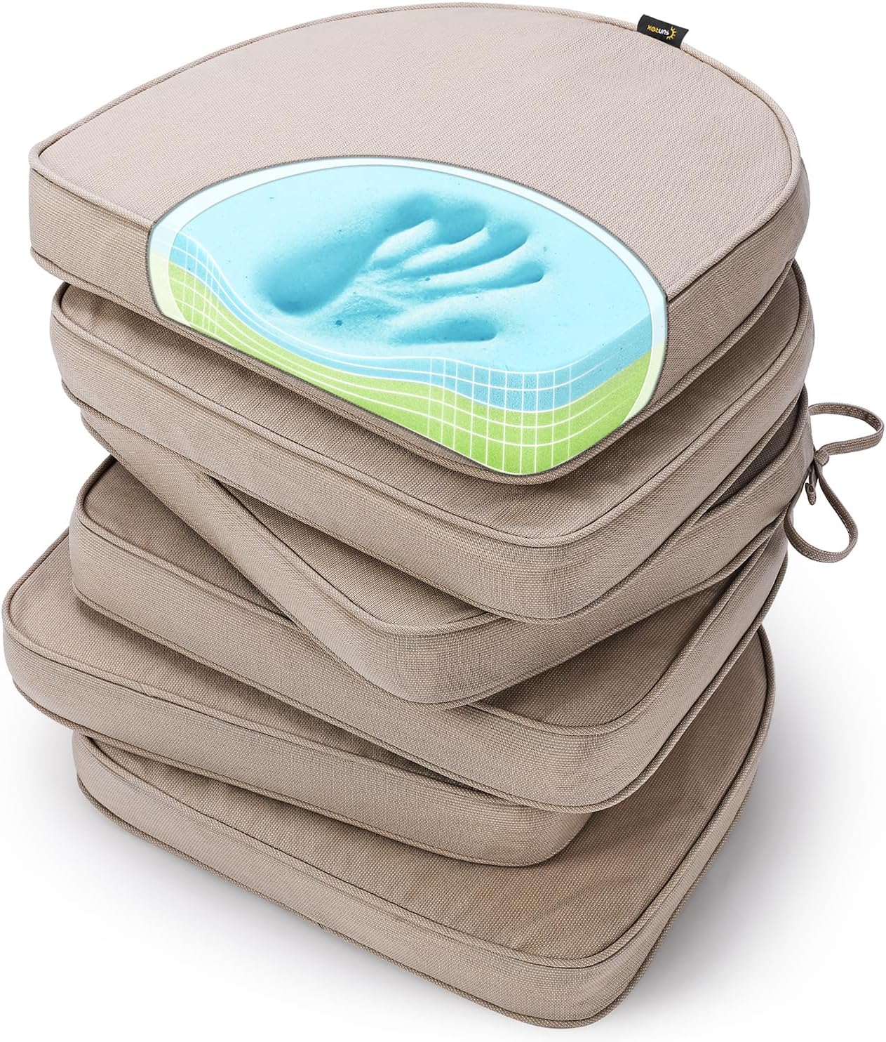 SUNROX Gel Memory Foam Chair Cushions, FadeShield Water-, Stain-Resistant Durable Reversible Seat Cushion Pads with Ties for Indoor/Outdoor Kitchen Dining Office 17"x16" Set of 6, Husk Birch